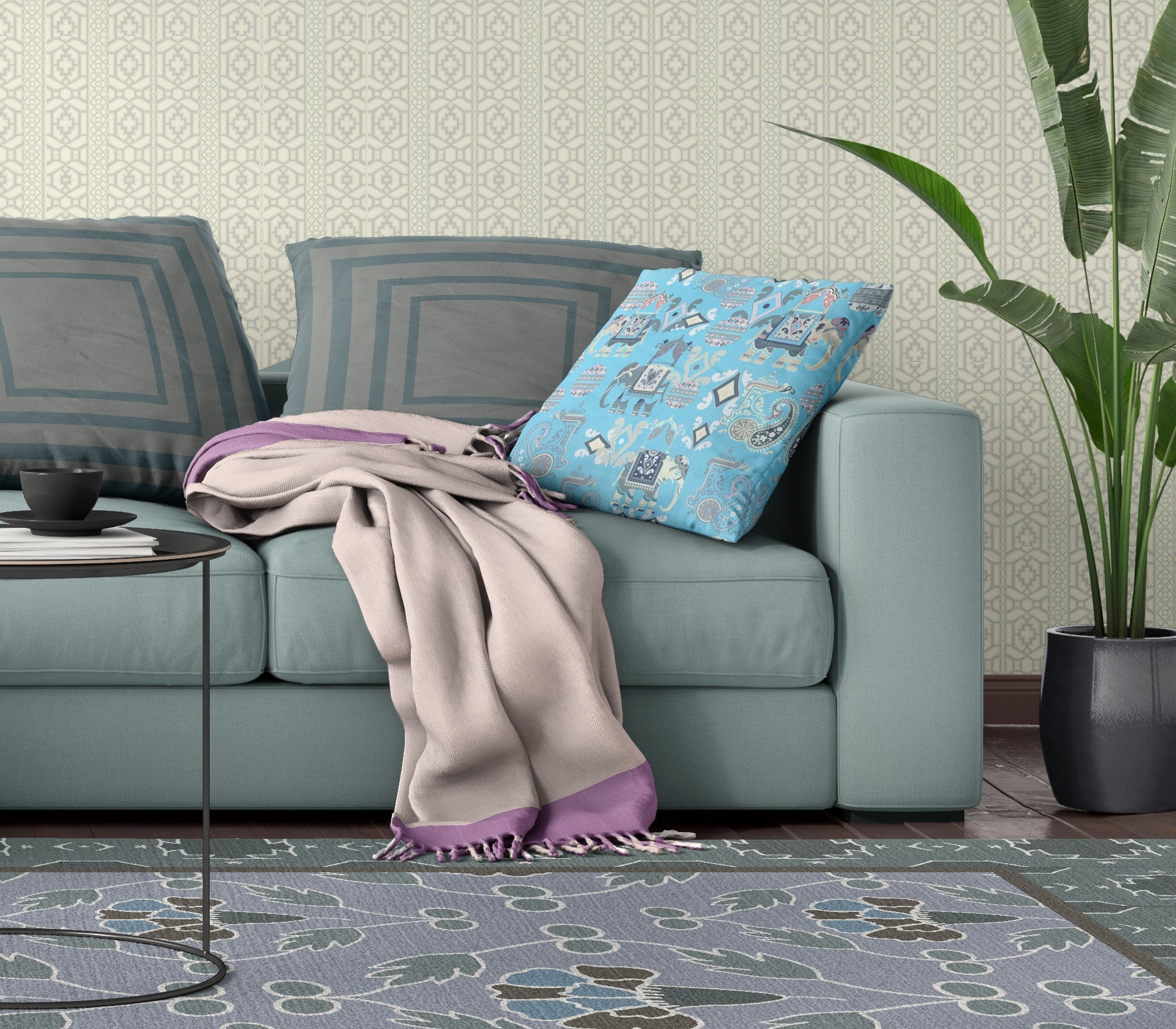 18" X 18" Bright Blue And Gray Paisley Blown Seam Suede Throw Pillow