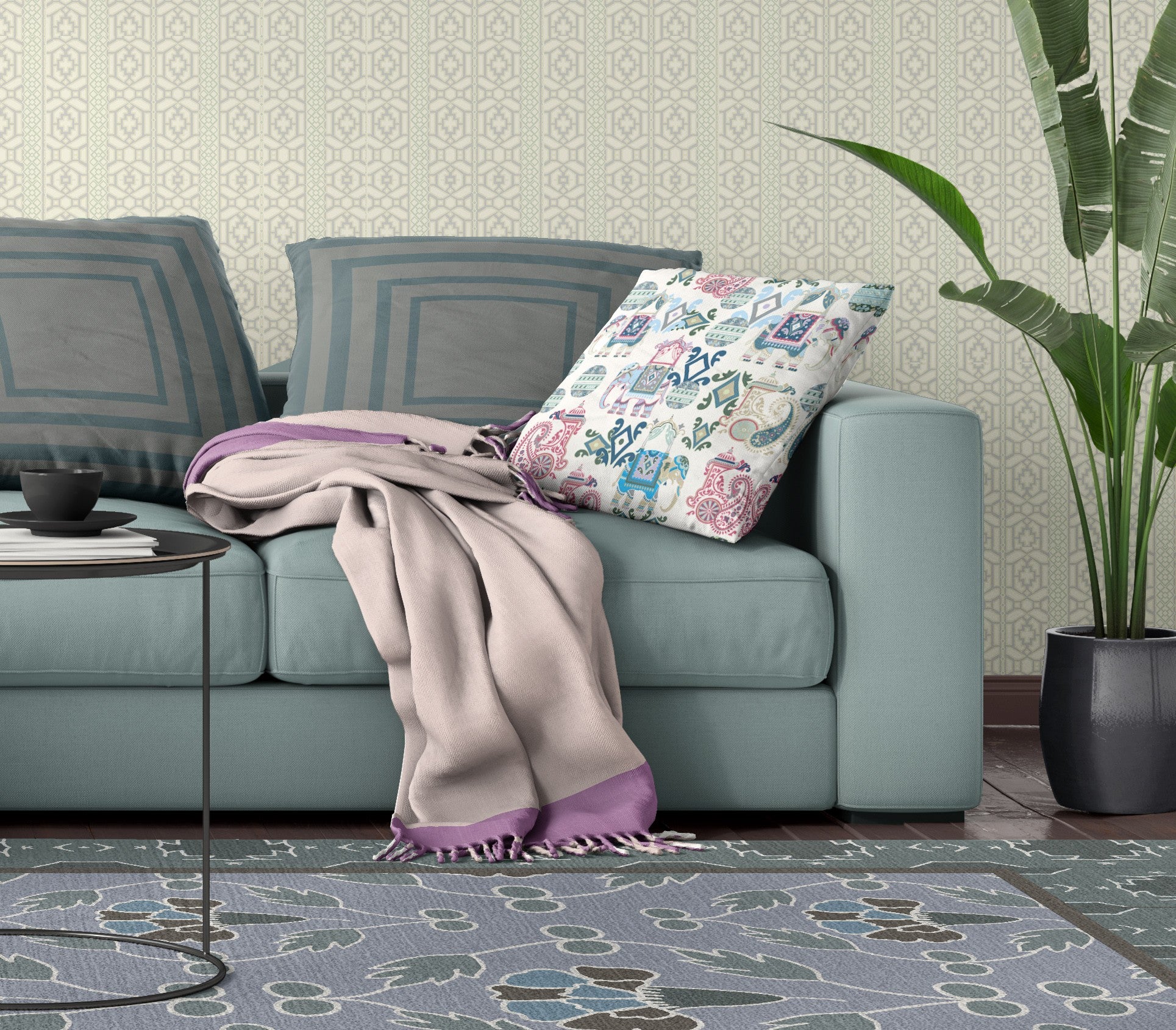 16 英寸 X 16 英寸粉色和白色佩斯利吹邊接縫絨面革抱枕