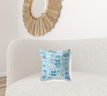 16 英寸 X 16 英寸天藍色和白色佩斯利吹邊接縫絨面革抱枕