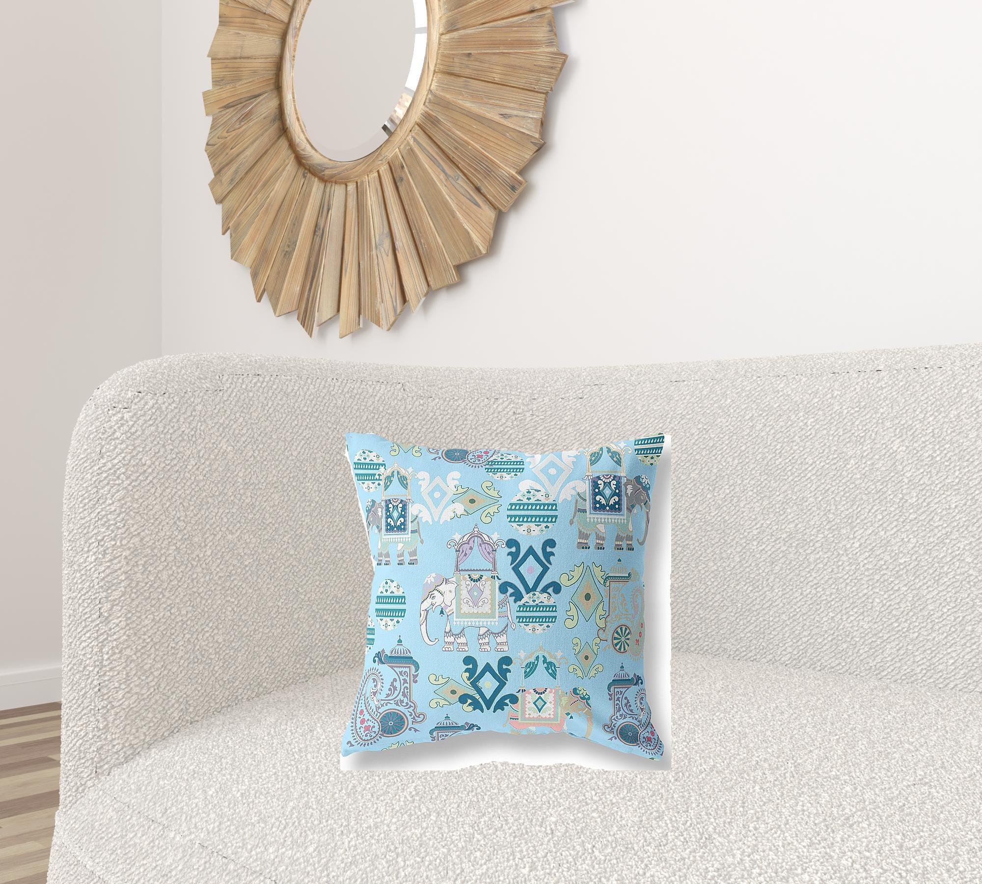 18" X 18" Sky Blue And White Paisley Blown Seam Suede Throw Pillow