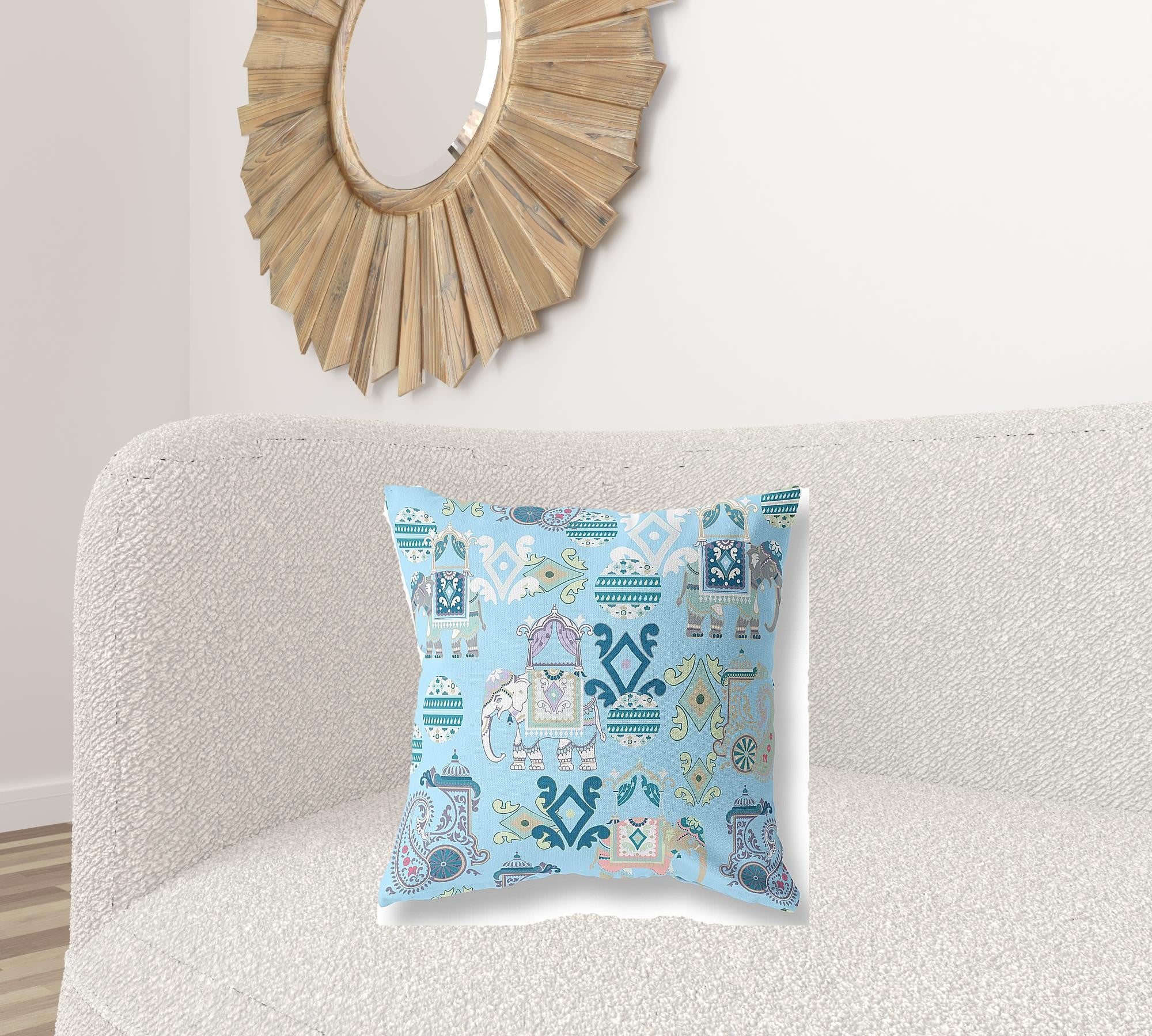 18" X 18" Sky Blue And White Paisley Blown Seam Suede Throw Pillow