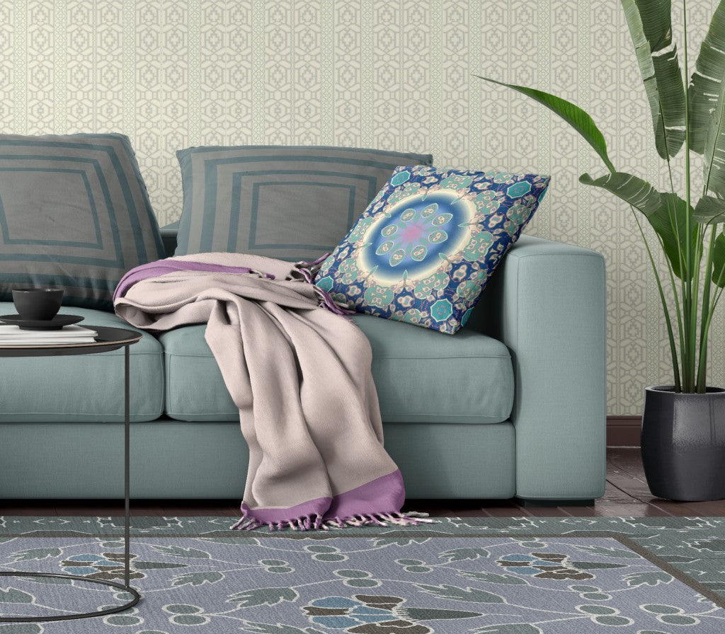 18" X 18" Blue And Turquoise Geometric Blown Seam Suede Throw Pillow