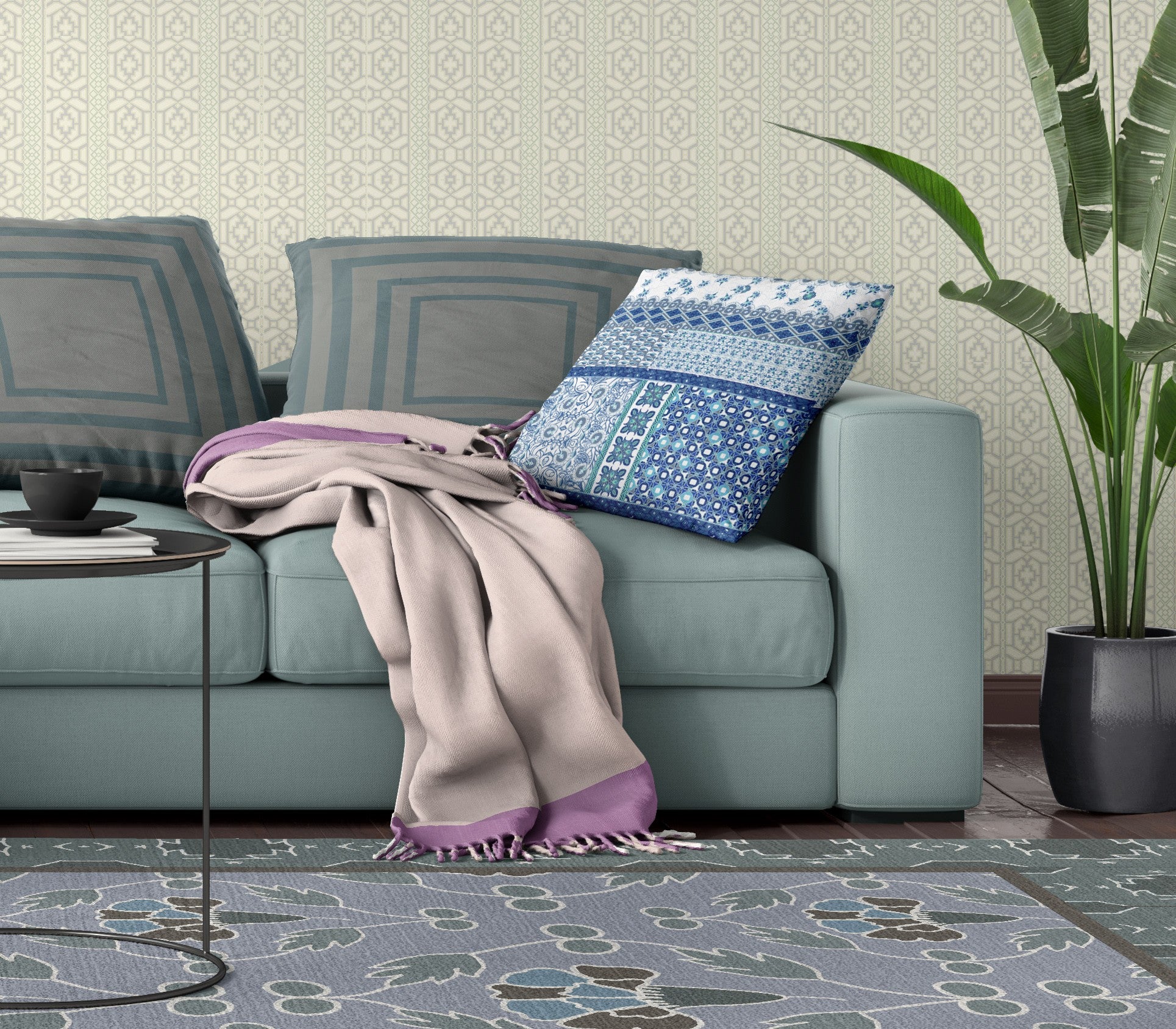 18” Blue White Patch Blown & Closed Suede Throw Pillow