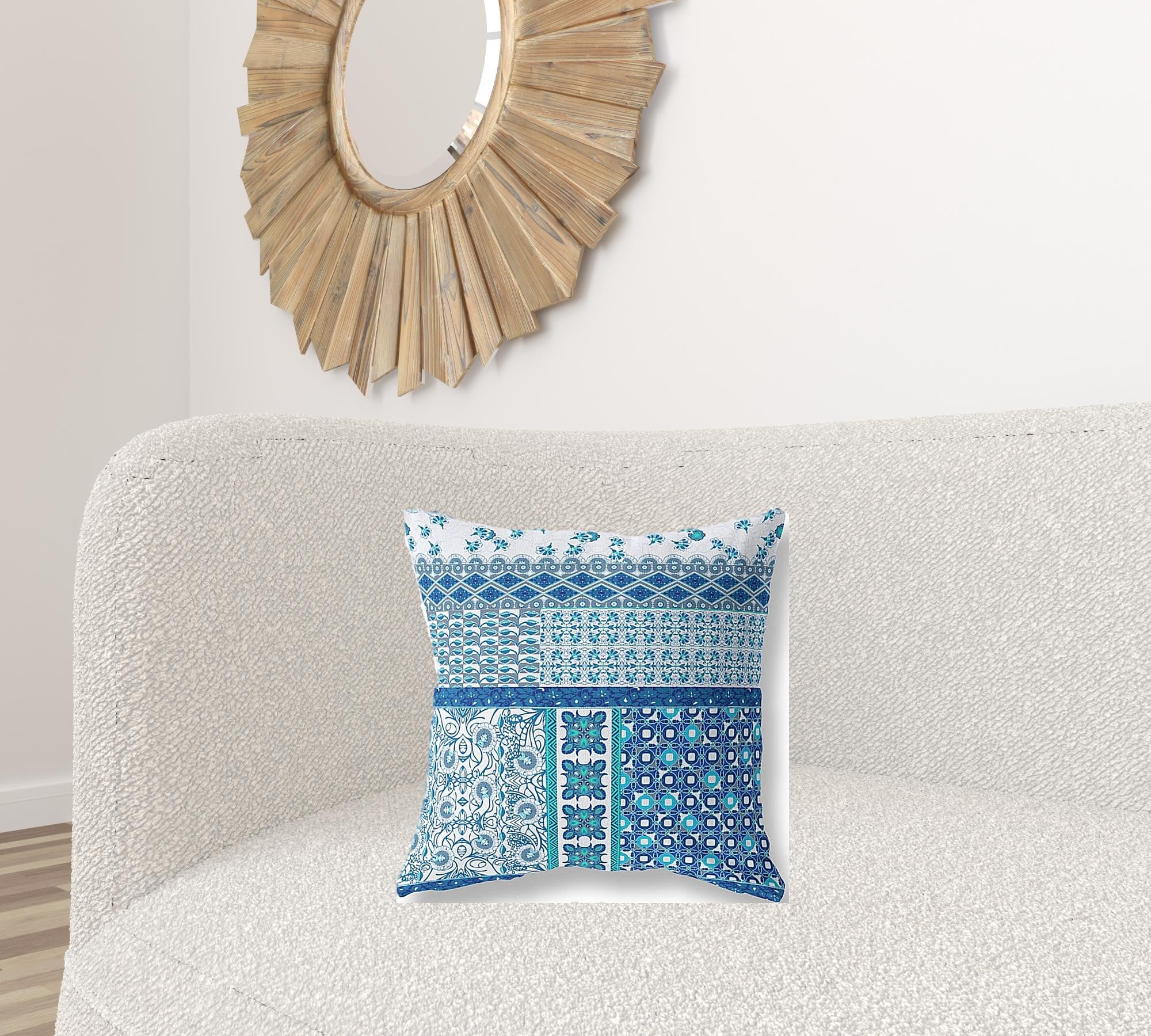 18” Blue White Patch Blown & Closed Suede Throw Pillow