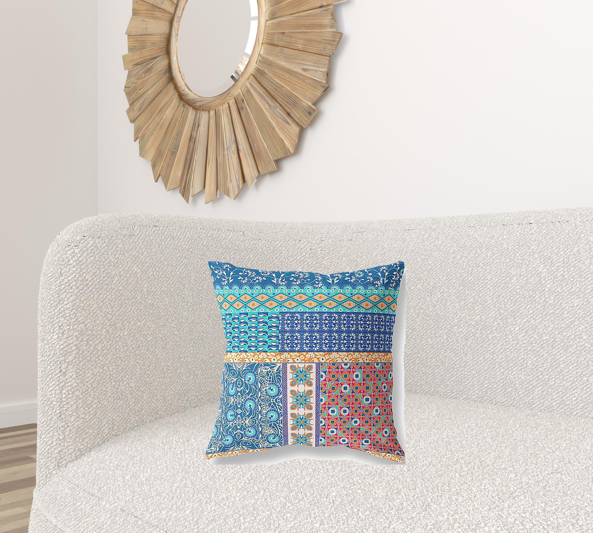 18” Blue Orange Patch Blown & Closed Suede Throw Pillow