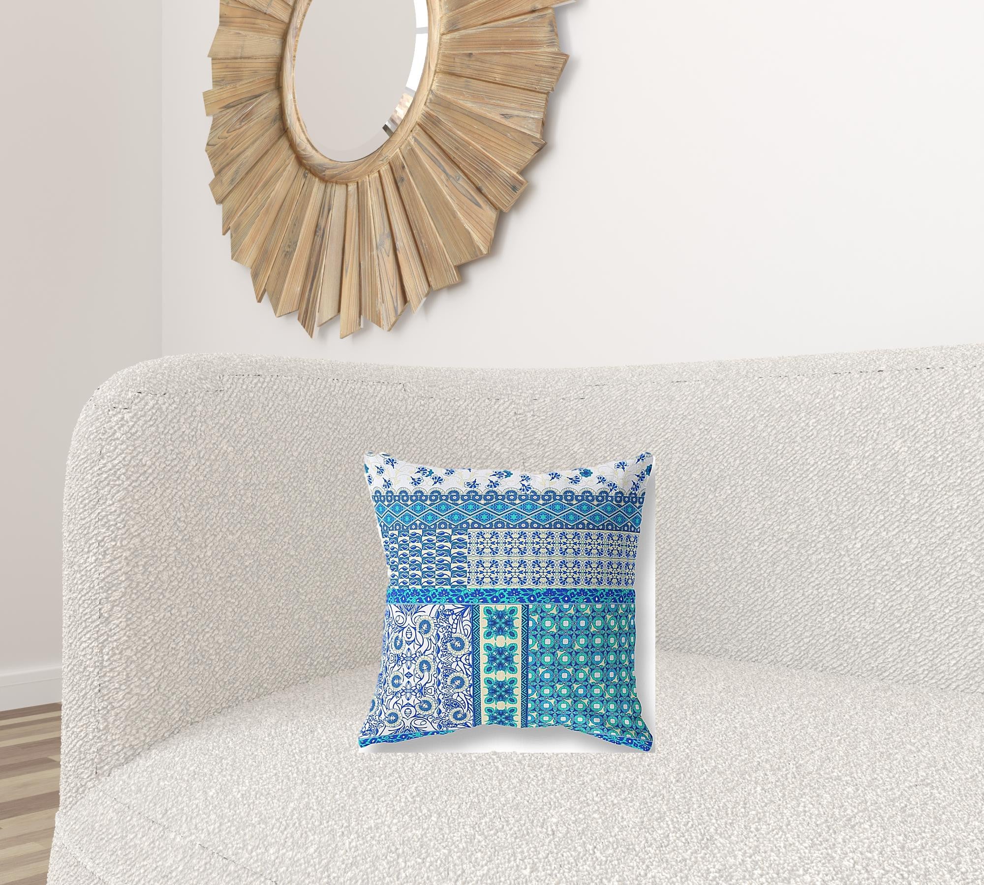 16” Turquoise Blue Patch Blown & Closed Suede Throw Pillow