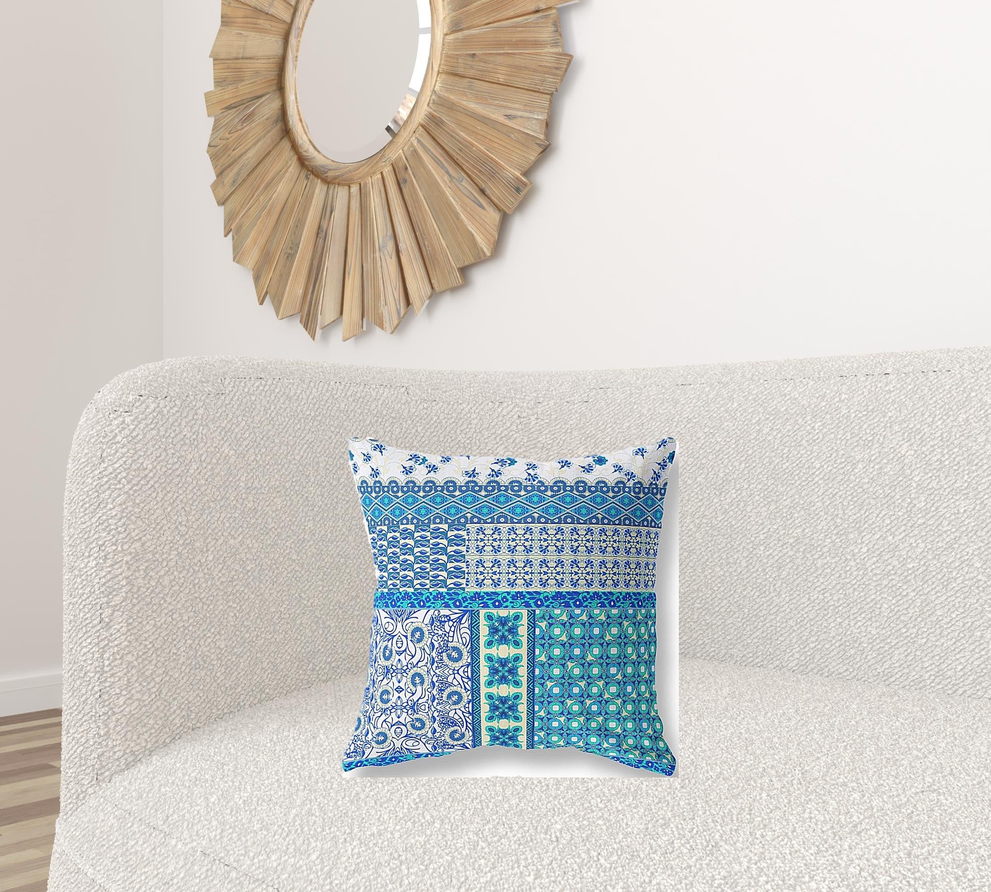 18” Turquoise Blue Patch Blown & Closed Suede Throw Pillow