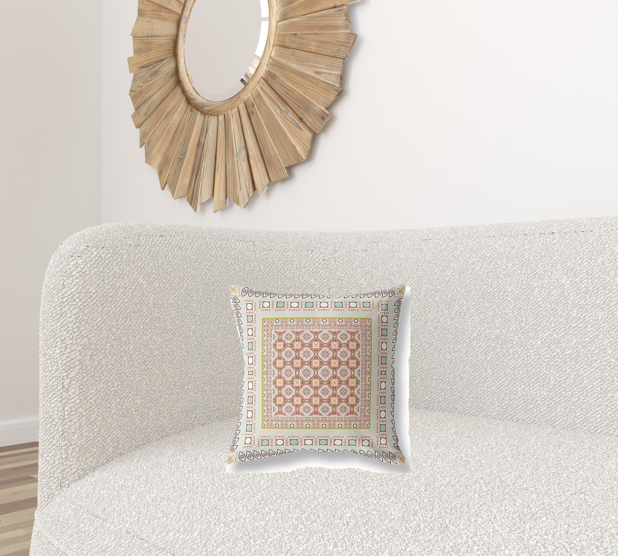 16" X 16" Off White And Orange Floral Blown Seam Suede Throw Pillow