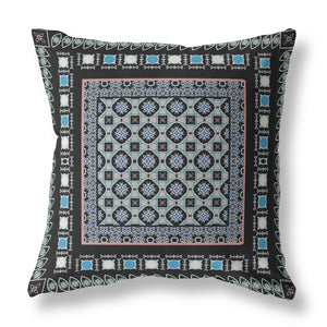 18" X 18" Black And Blue Floral Blown Seam Suede Throw Pillow