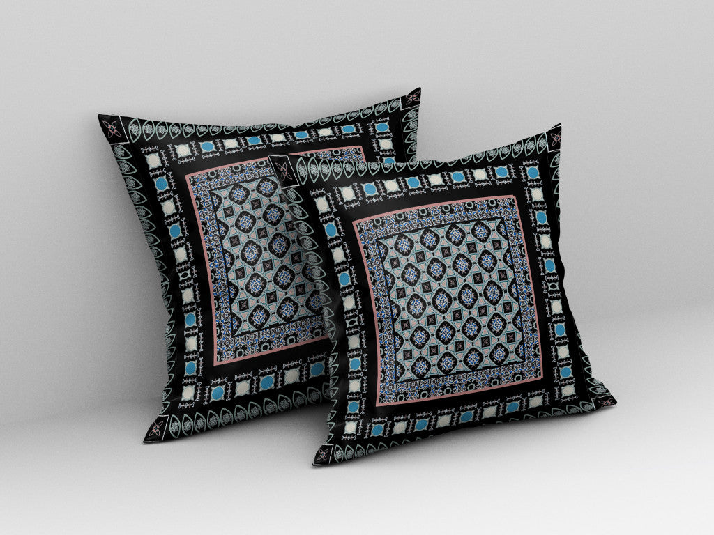 18" X 18" Black And Blue Floral Blown Seam Suede Throw Pillow