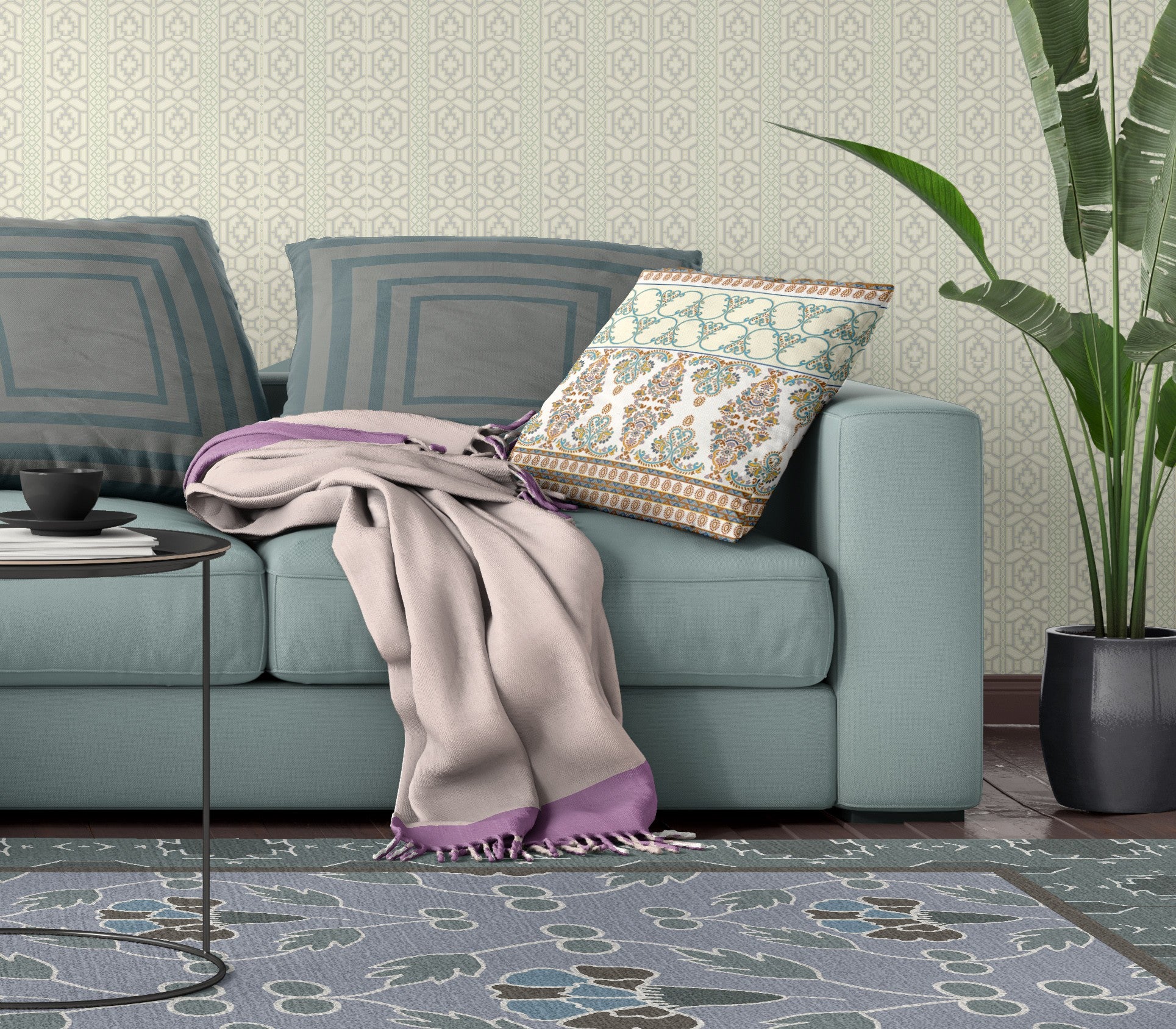 16 英寸 X 16 英寸橙色和青色模板吹製縫絨面革抱枕