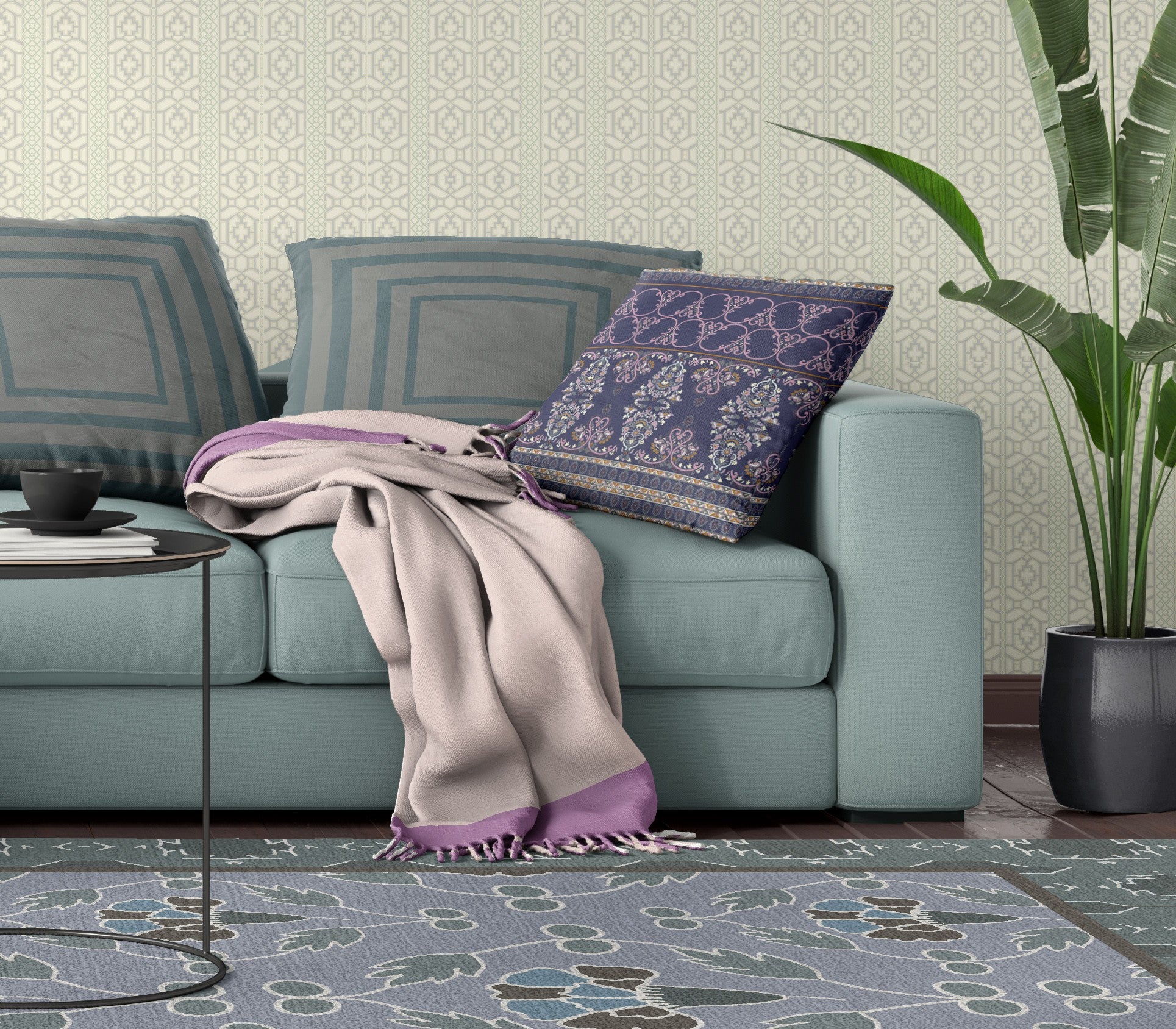 16" X 16" Blue And Pink Stencil Blown Seam Suede Throw Pillow