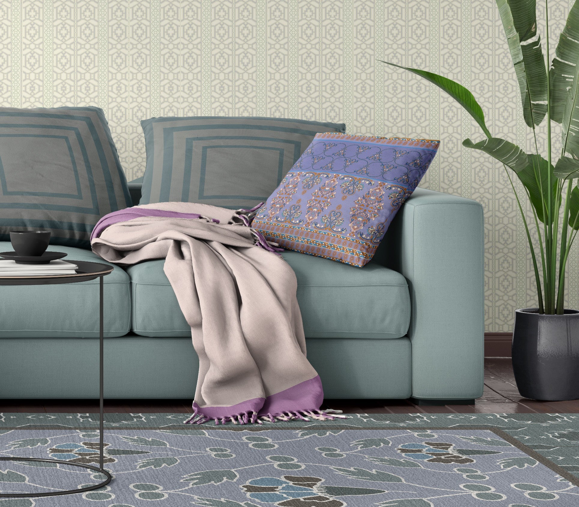 Cojín de gamuza con costura soplada con plantilla morada y azul de 16 "X 16"