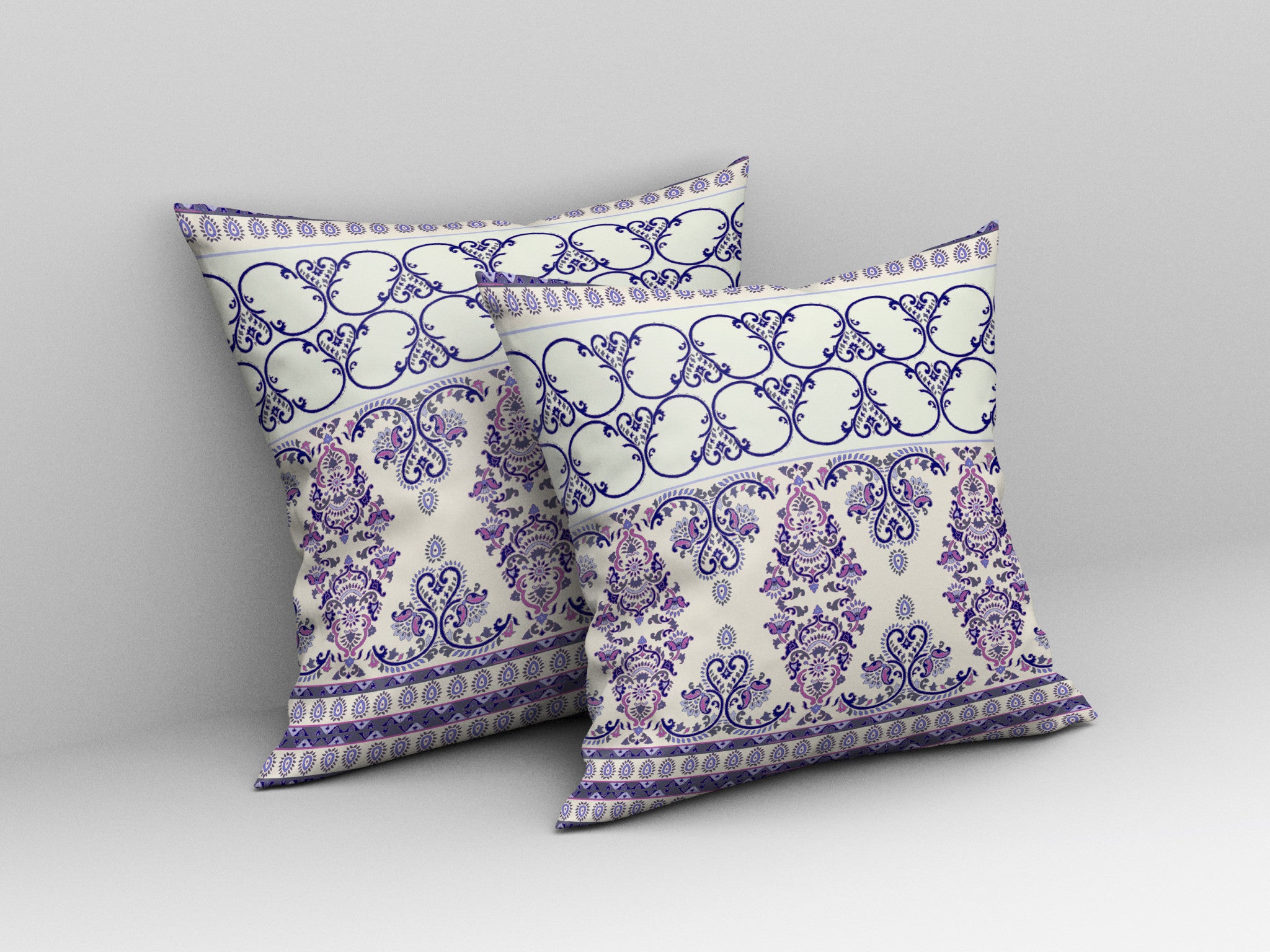 18" X 18" White And Purple Stencil Blown Seam Suede Throw Pillow