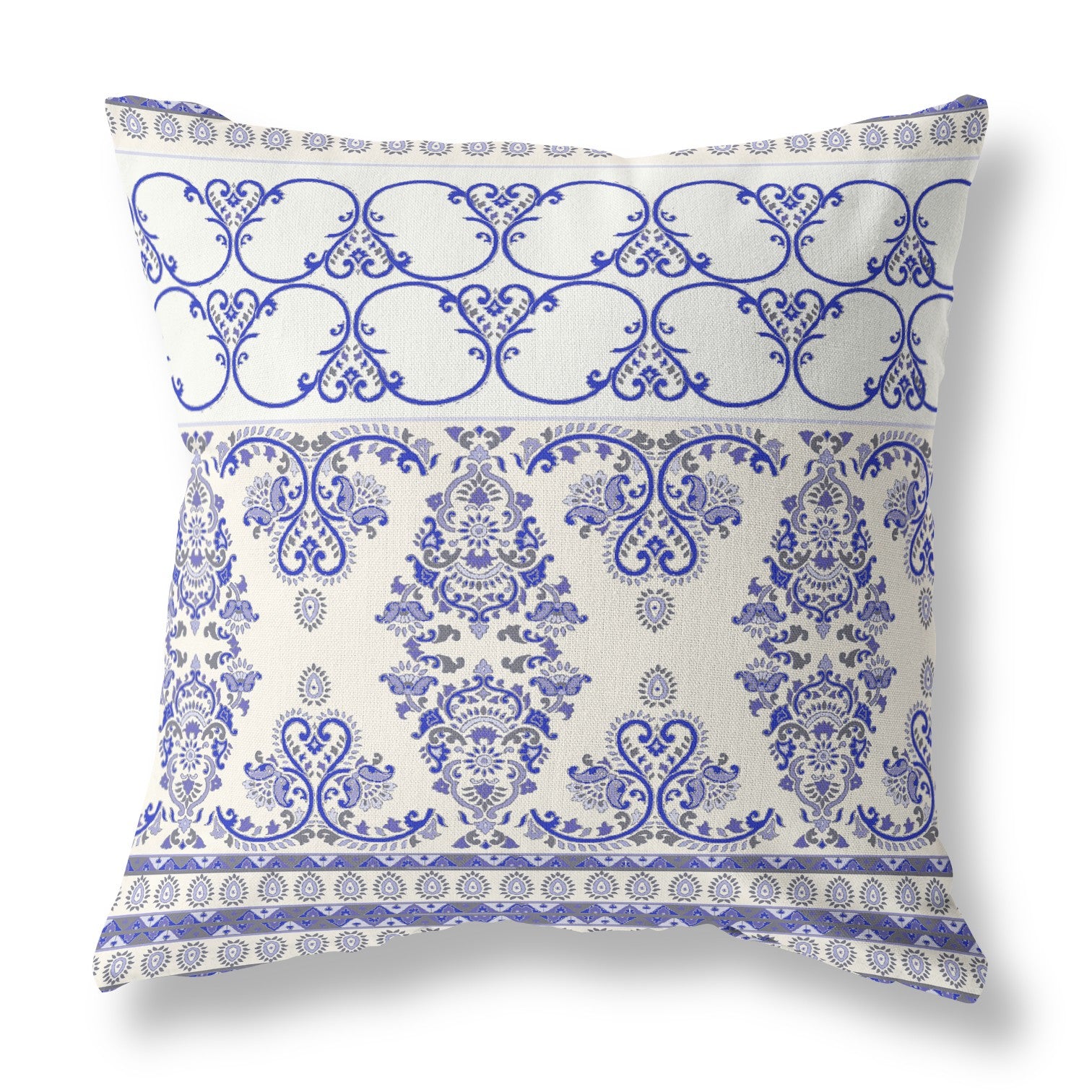 18" X 18" White And Blue Stencil Blown Seam Suede Throw Pillow