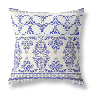 18" X 18" White And Blue Stencil Blown Seam Suede Throw Pillow