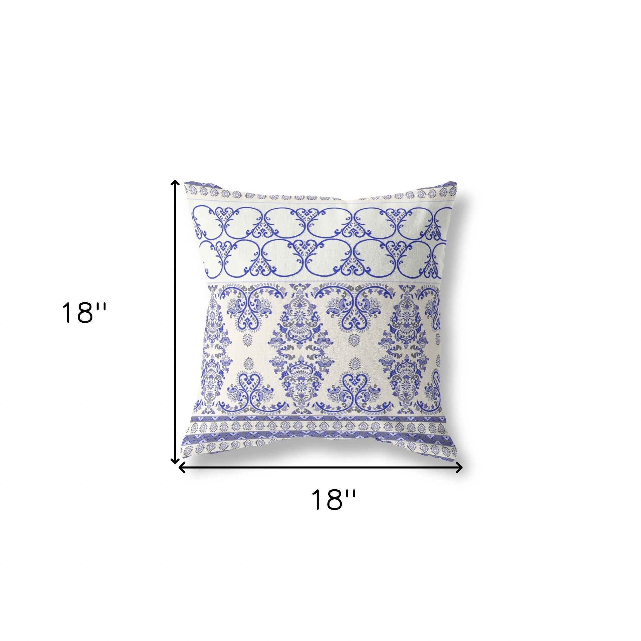 18" X 18" White And Blue Stencil Blown Seam Suede Throw Pillow