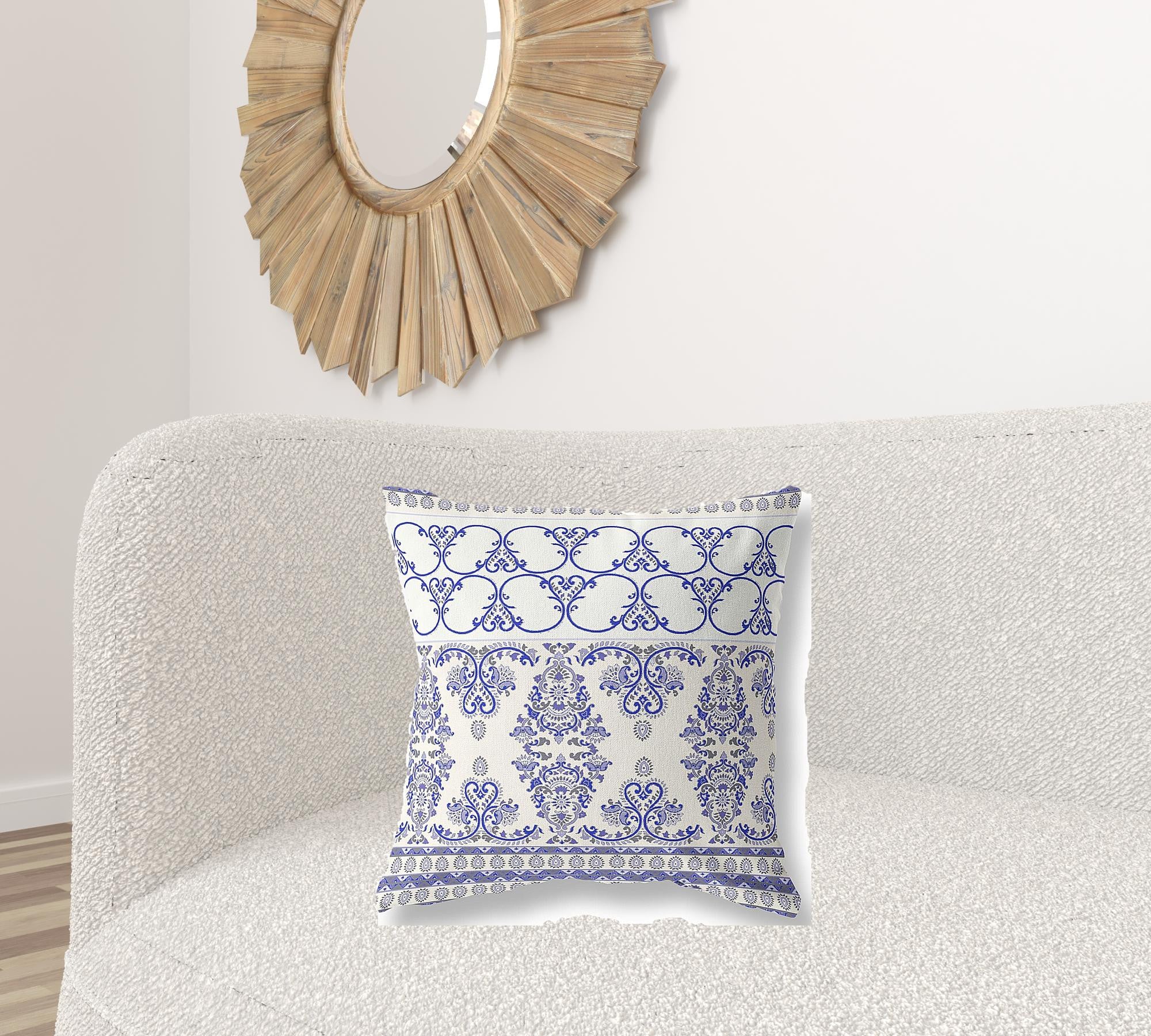 18" X 18" White And Blue Stencil Blown Seam Suede Throw Pillow