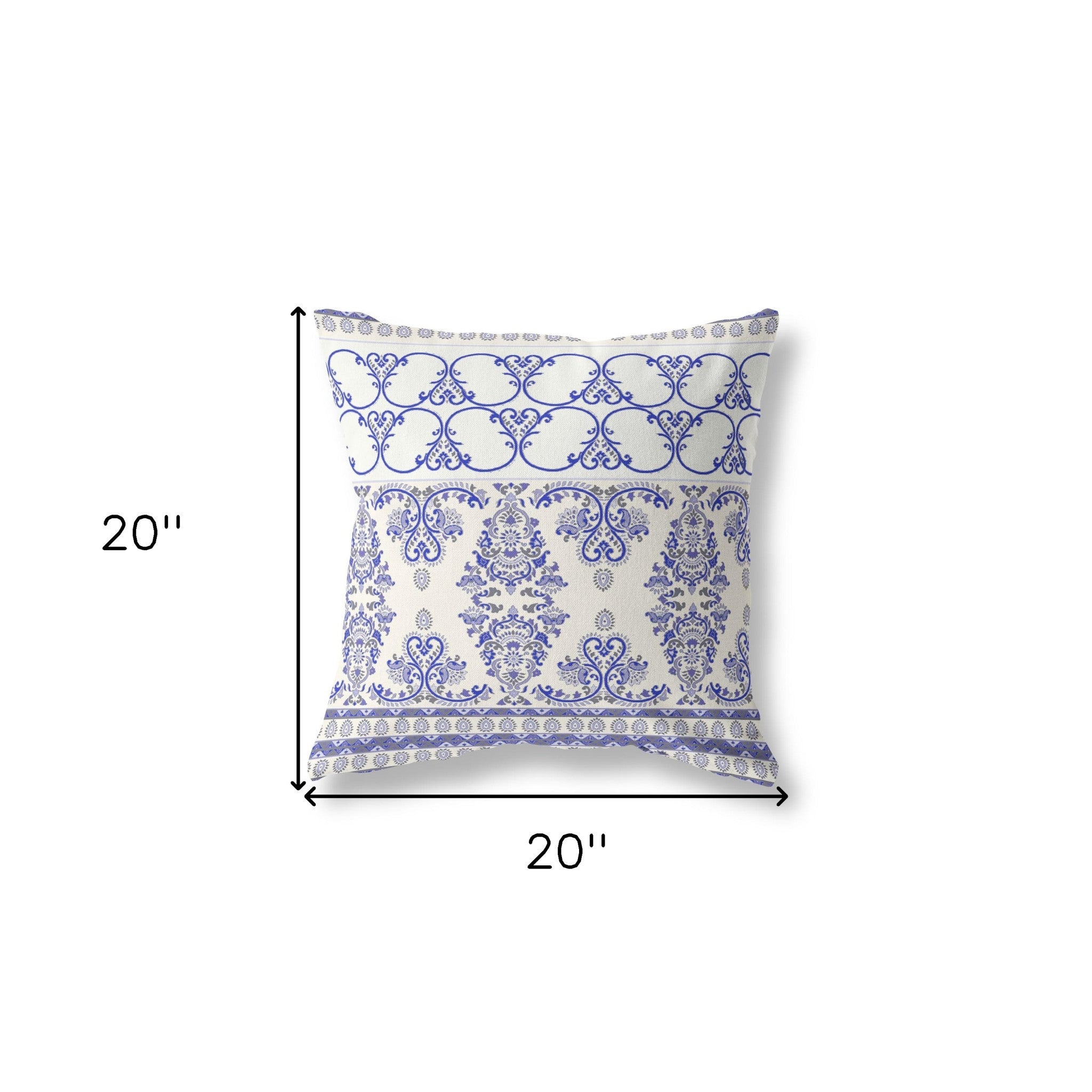 18" X 18" White And Blue Stencil Blown Seam Suede Throw Pillow