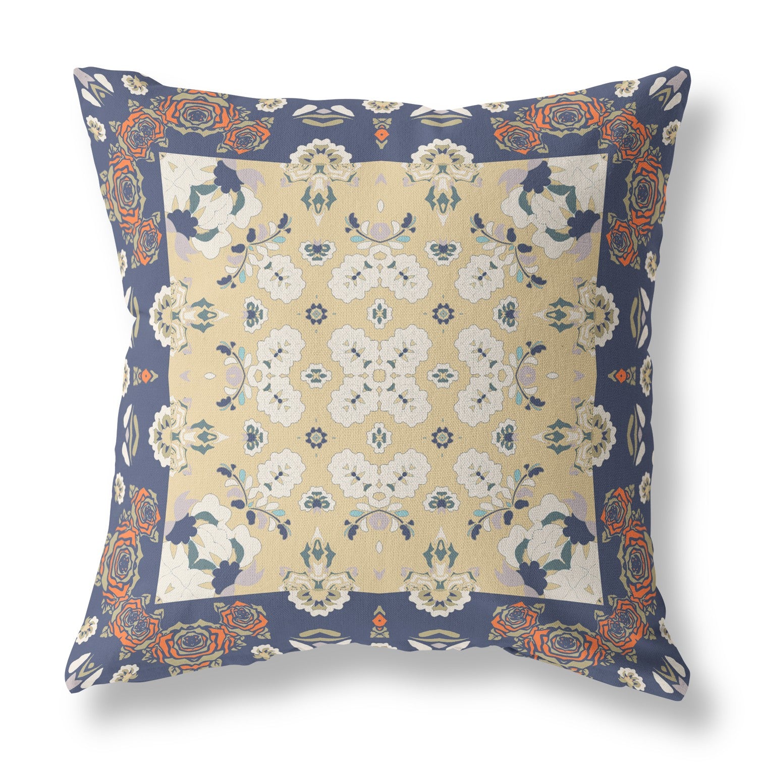 16" X 16" Blue Yellow Floral Blown Seam Suede Throw Pillow