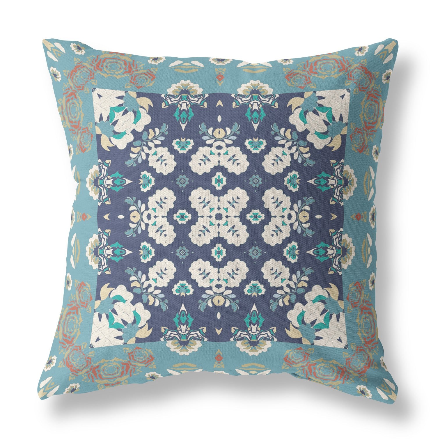16" X 16" Gray And Blue Floral Blown Seam Suede Throw Pillow