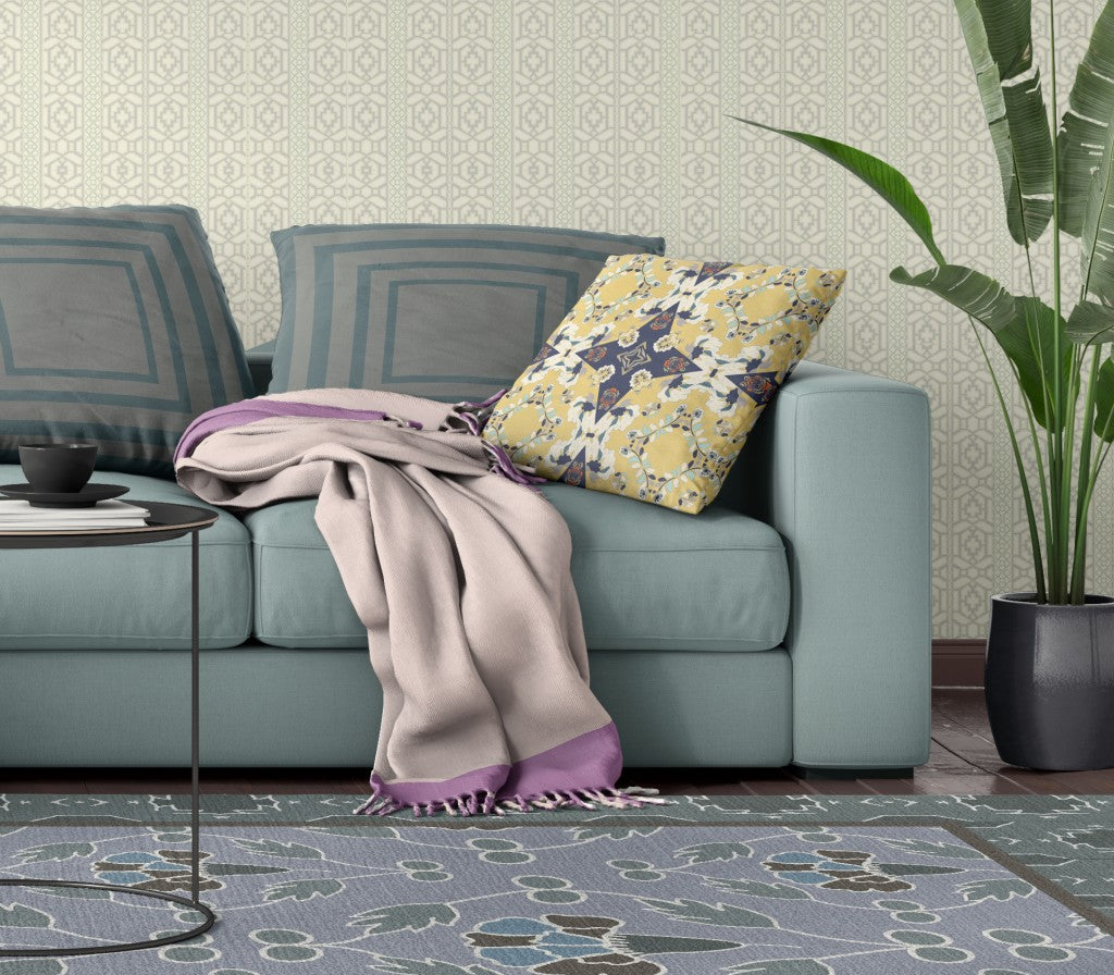 16" X 16" Yellow And Blue Floral Blown Seam Suede Throw Pillow