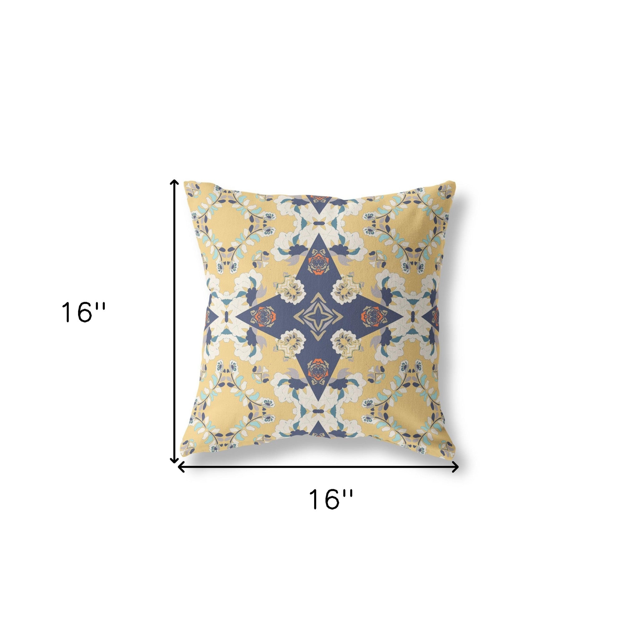 16" X 16" Yellow And Blue Floral Blown Seam Suede Throw Pillow