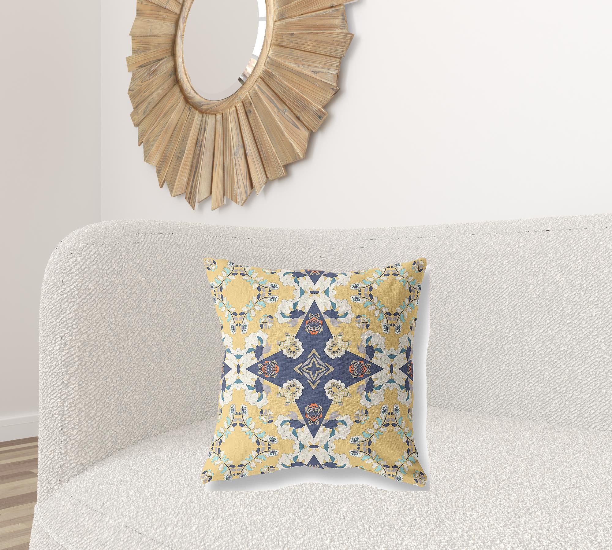 18" X 18" Yellow And Blue Floral Blown Seam Suede Throw Pillow