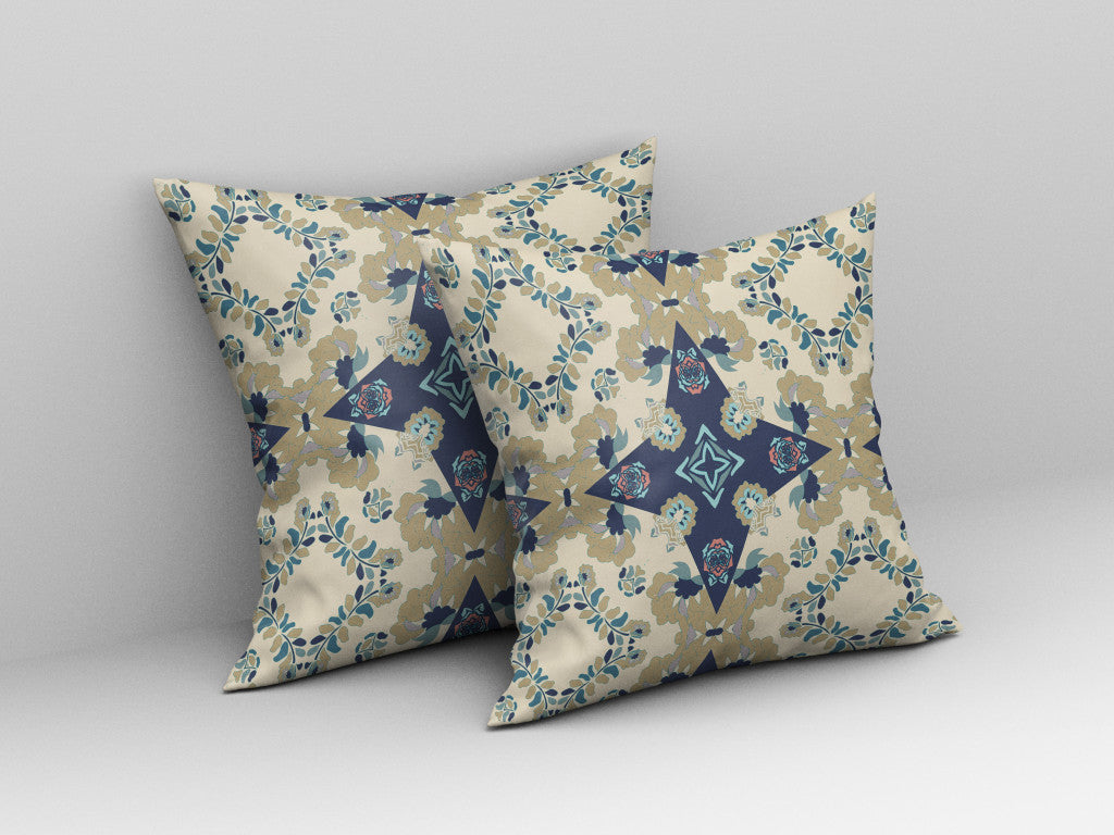 18" X 18" Cream And Blue Floral Blown Seam Suede Throw Pillow