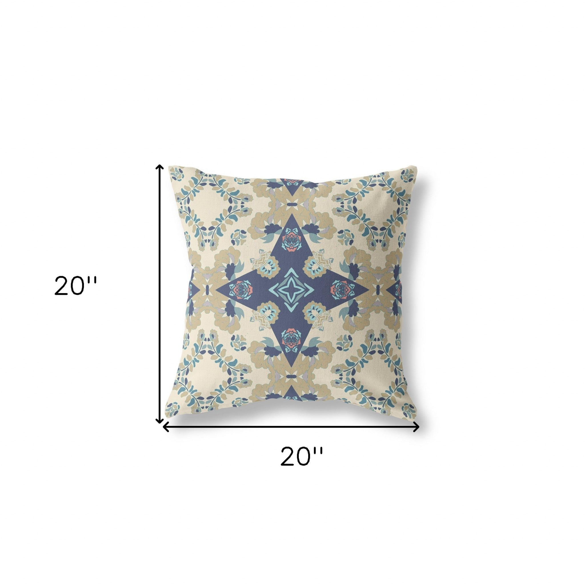 18" X 18" Cream And Blue Floral Blown Seam Suede Throw Pillow