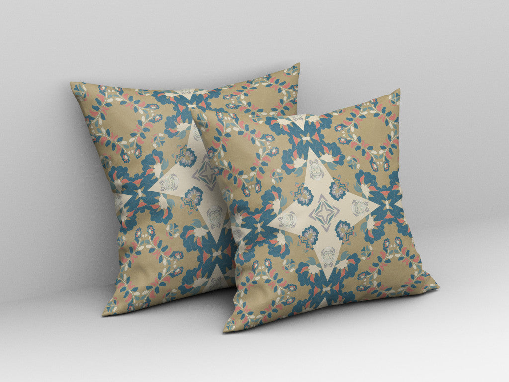 18" X 18" Muted Yellow And Teal Floral Blown Seam Suede Throw Pillow