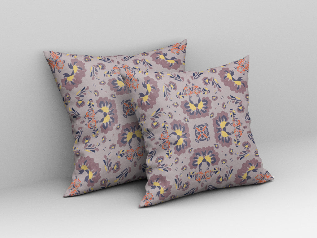 18" X 18" Muted Purple And Yellow Floral Blown Seam Suede Throw Pillow