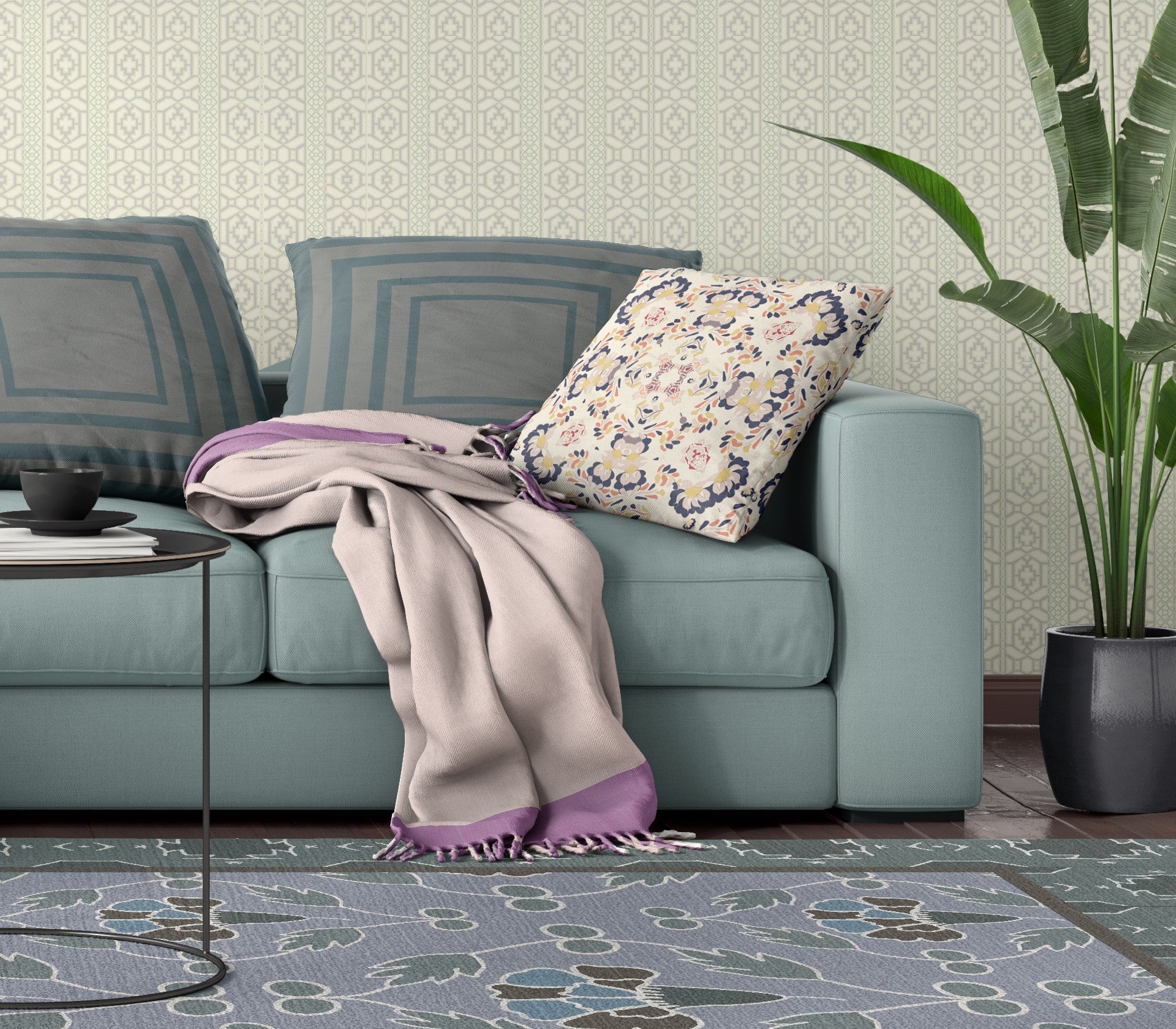 16" X 16" White And Blue Abstract Blown Seam Suede Throw Pillow