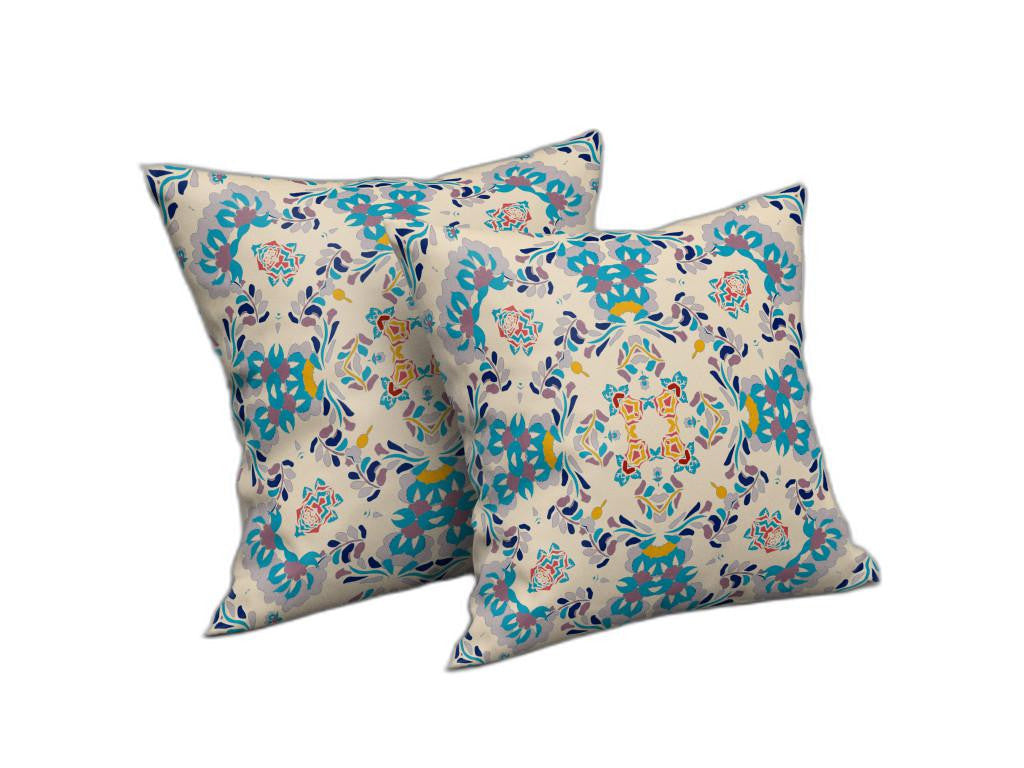 18 英寸 X 18 英寸米白色和藍色抽象吹縫絨面革抱枕