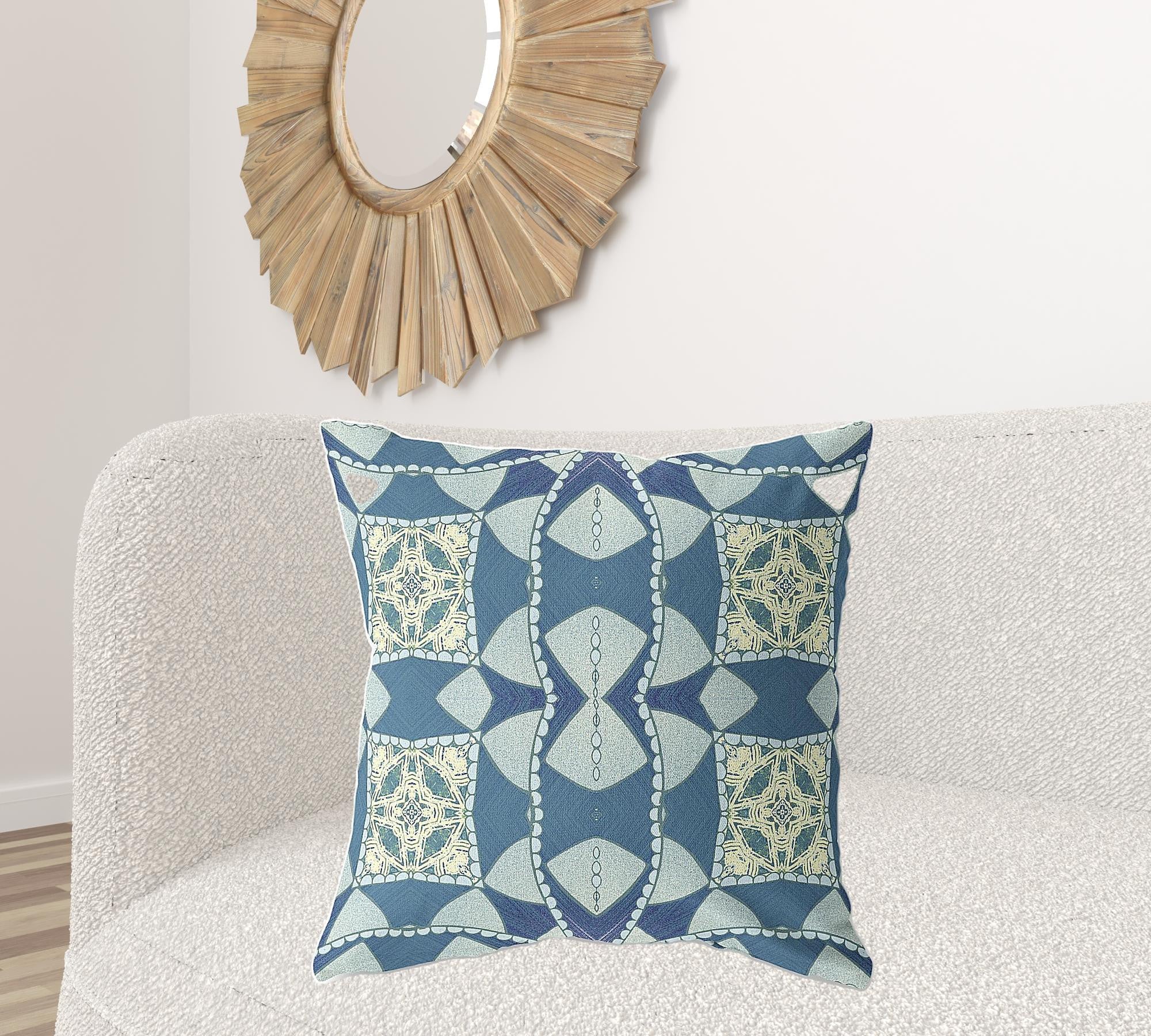 18"x18" Blue Green Cream Zippered Broadcloth Geometric Throw Pillow