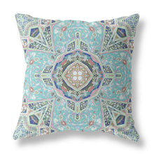 Aqua Blue Floral Geo Zippered Suede Throw Pillow 16”