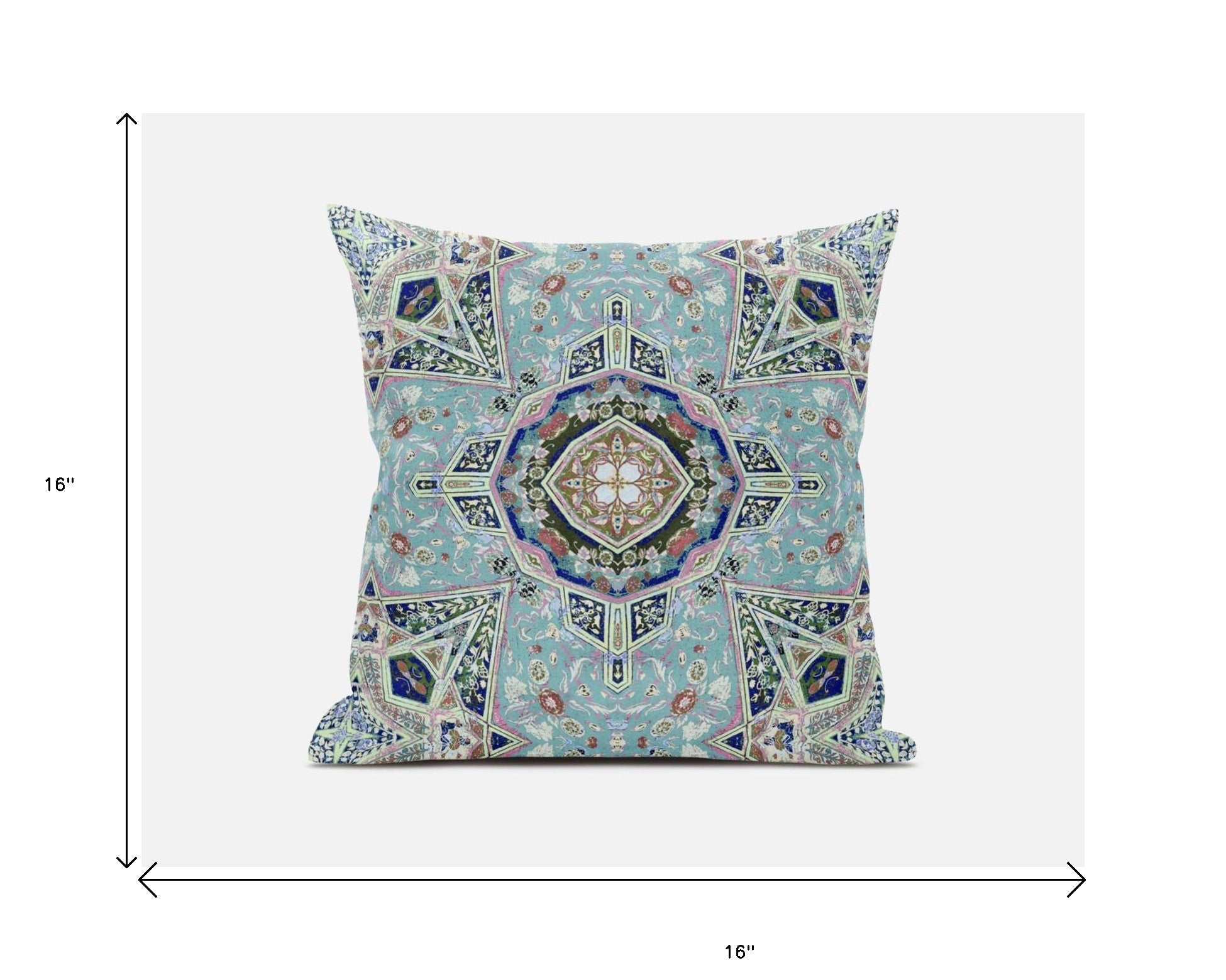 Aqua Blue Floral Geo Zippered Suede Throw Pillow 16”
