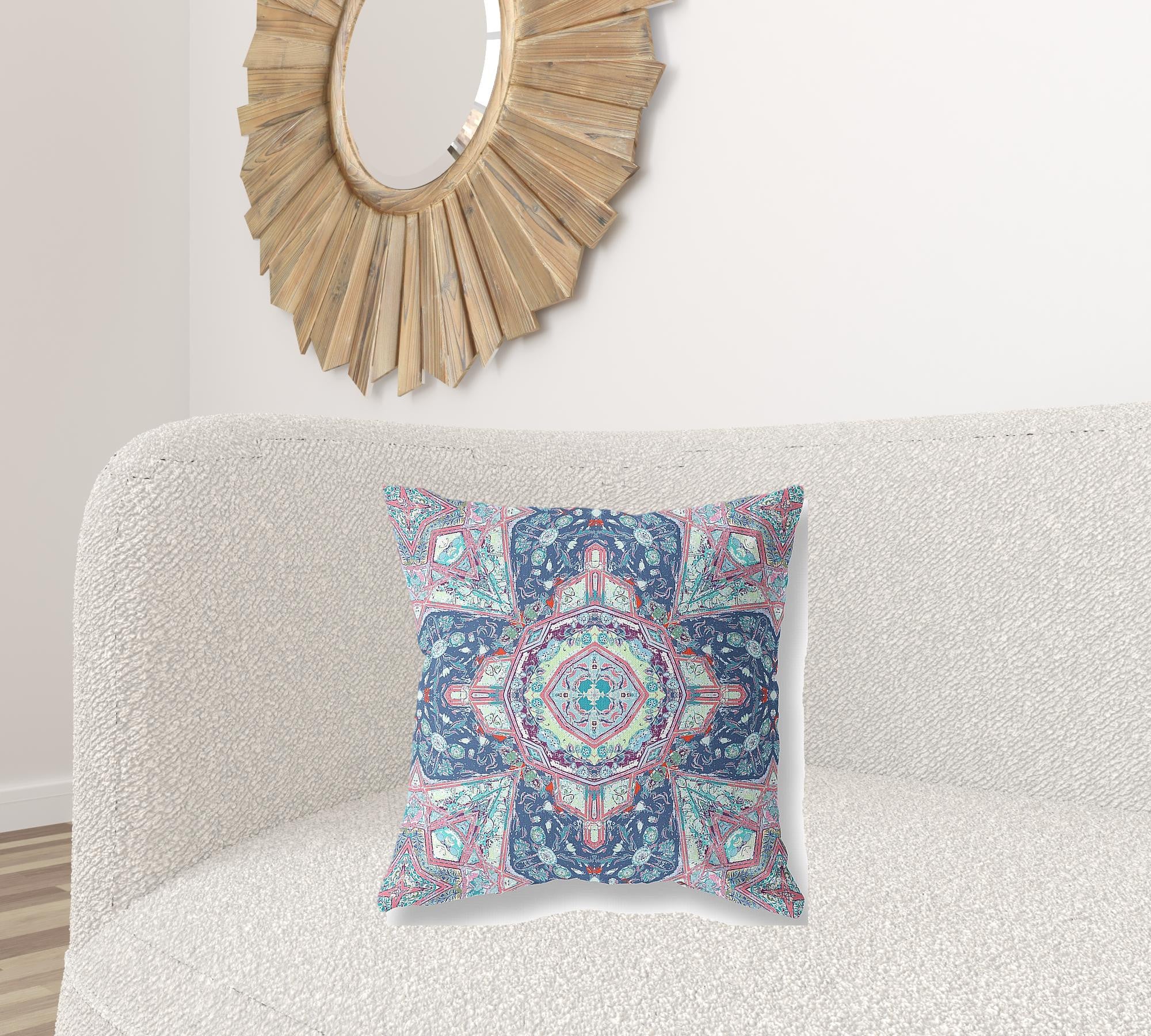 18” Blue Pink Floral Geo Zippered Suede Throw Pillow