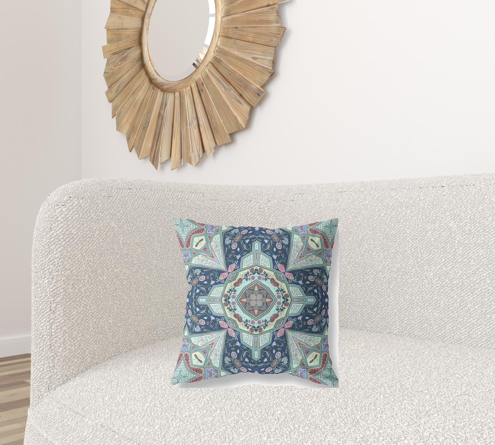 18” Aqua Blue Boho Pattern Zippered Suede Throw Pillow