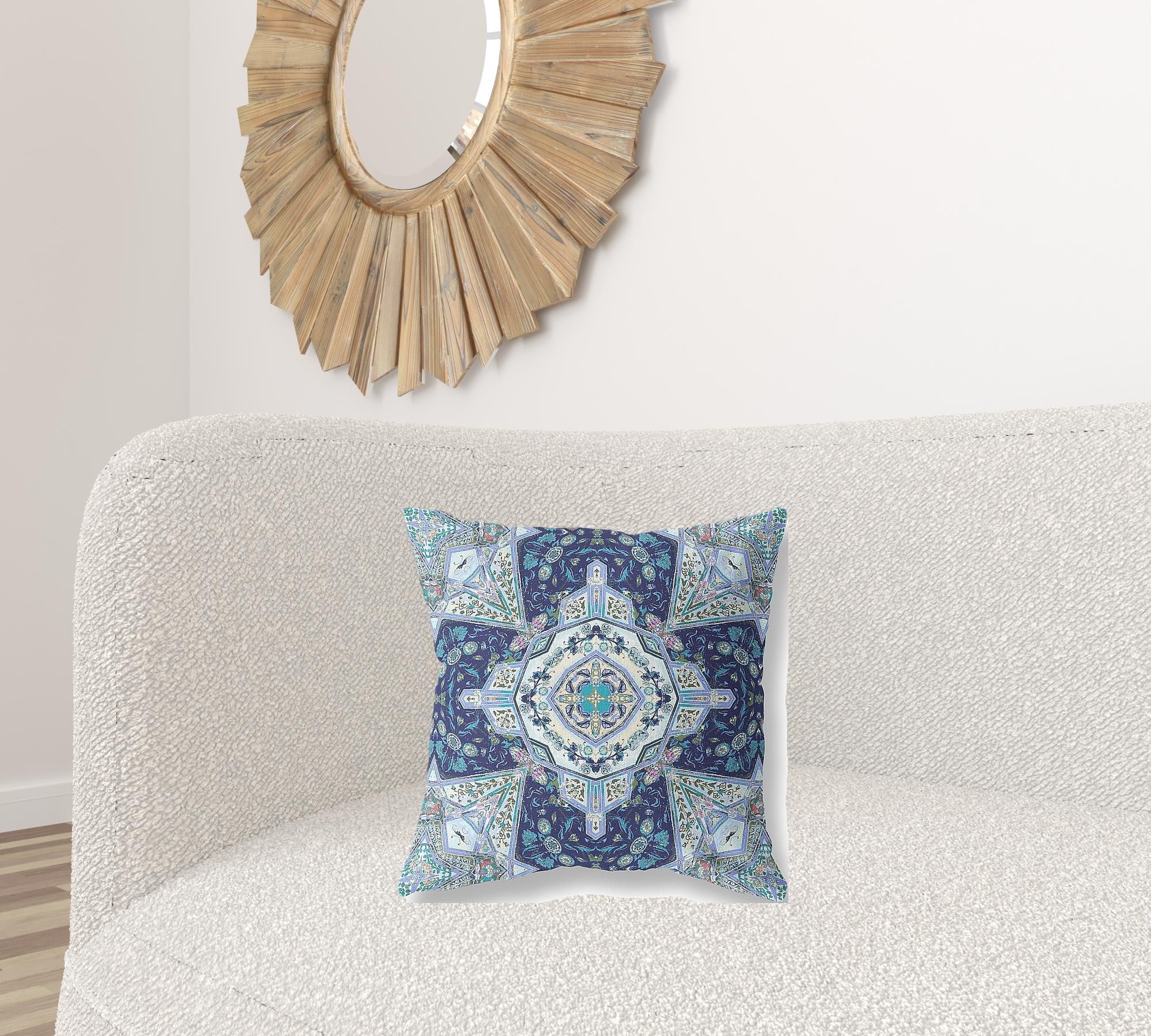 18” Indigo Blue Floral Geo Zippered Suede Throw Pillow