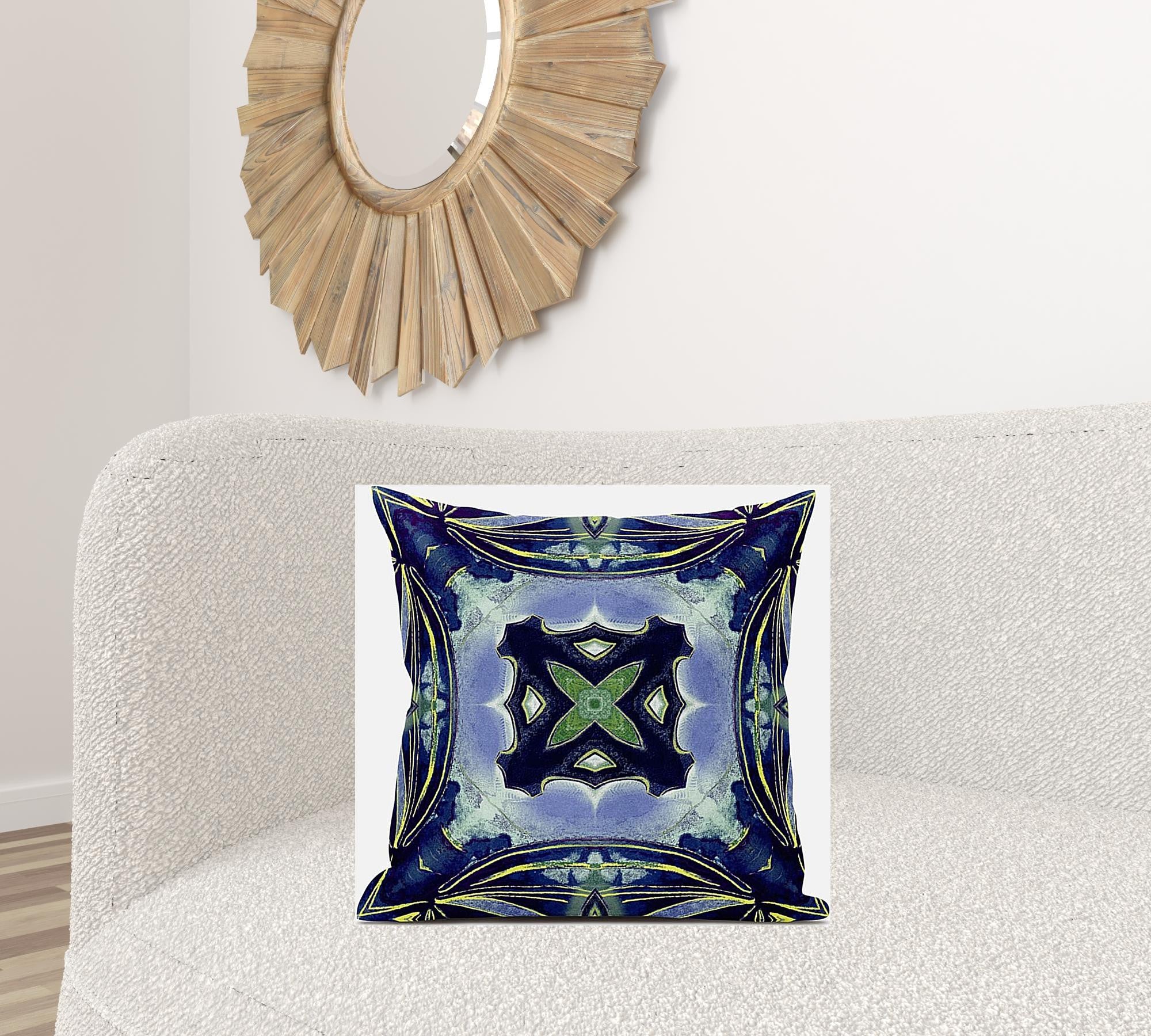 20" X 20" Peacock Blue Light Blue Geometric Zippered Suede Throw Pillow