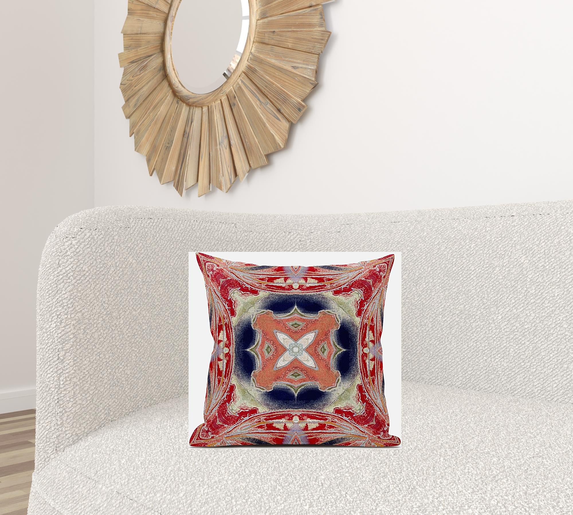 18" X 18" Red Indigo Green Cream Geometric Zippered Suede Throw Pillow