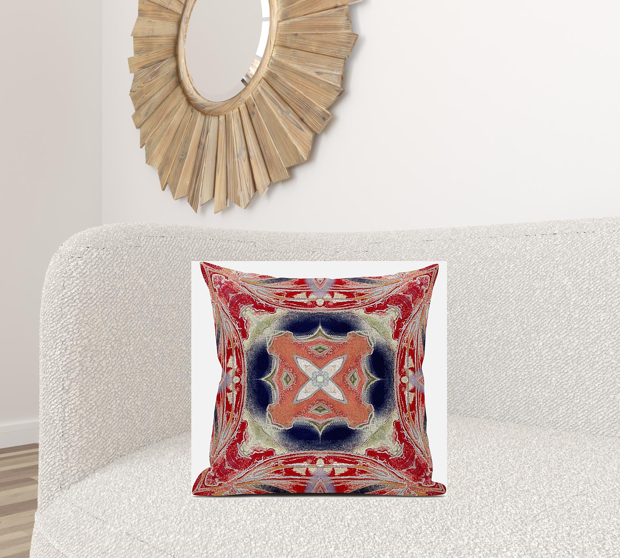 18" X 18" Red Indigo Green Cream Geometric Zippered Suede Throw Pillow