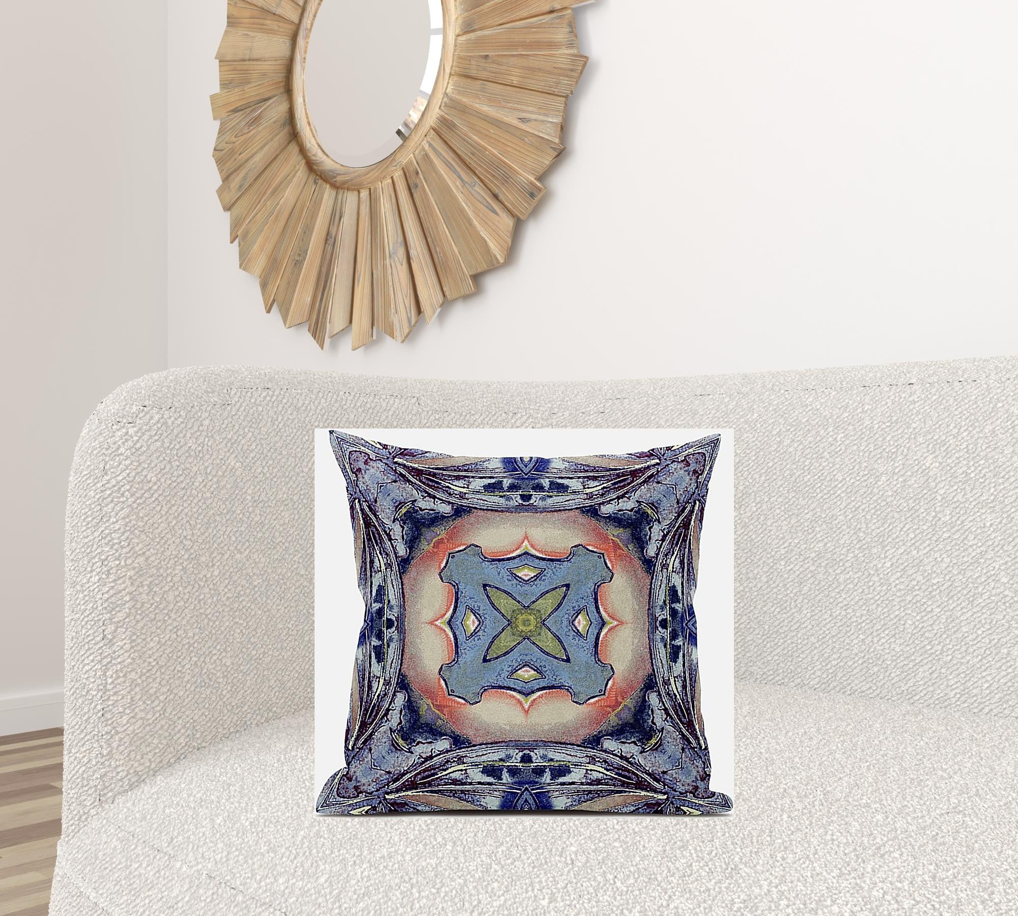 18" X 18" Sky Blue Indigo Muted Peach Geometric Zippered Suede Throw Pillow