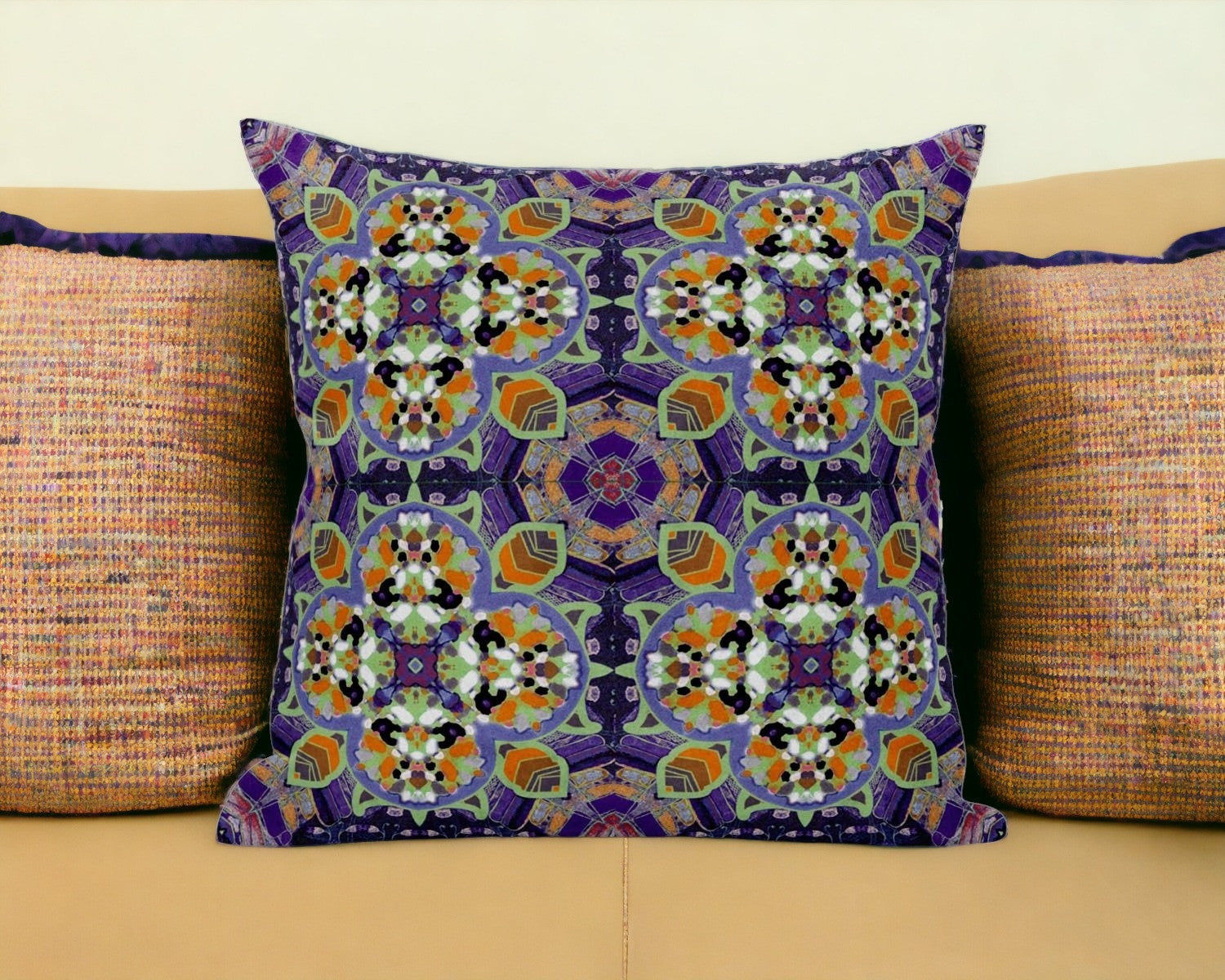 18” Purple Orange Cloverleaf Boho Suede Throw Pillow