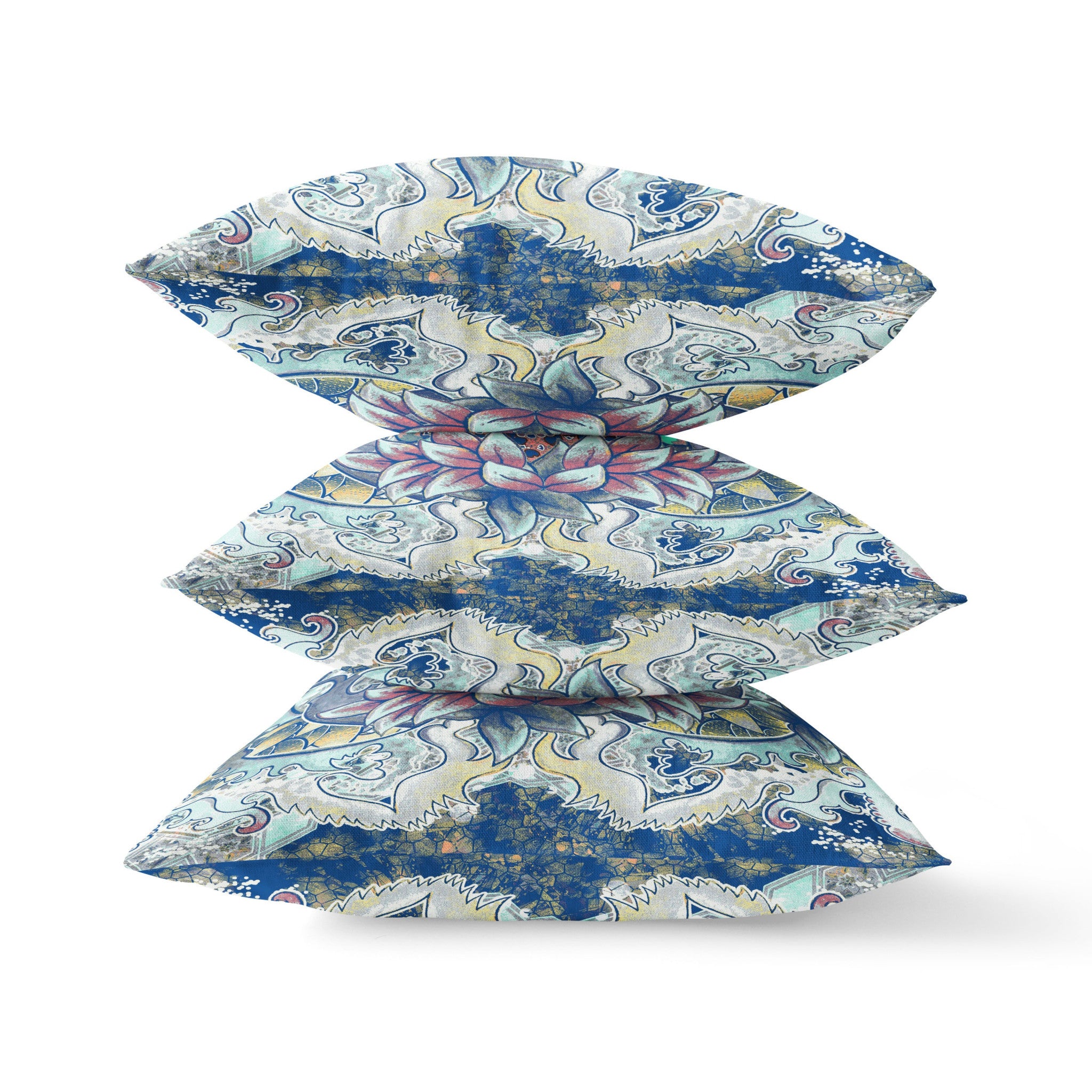 18" X 18" Blue And Yellow Blown Seam Geometric Indoor Outdoor Throw Pillow