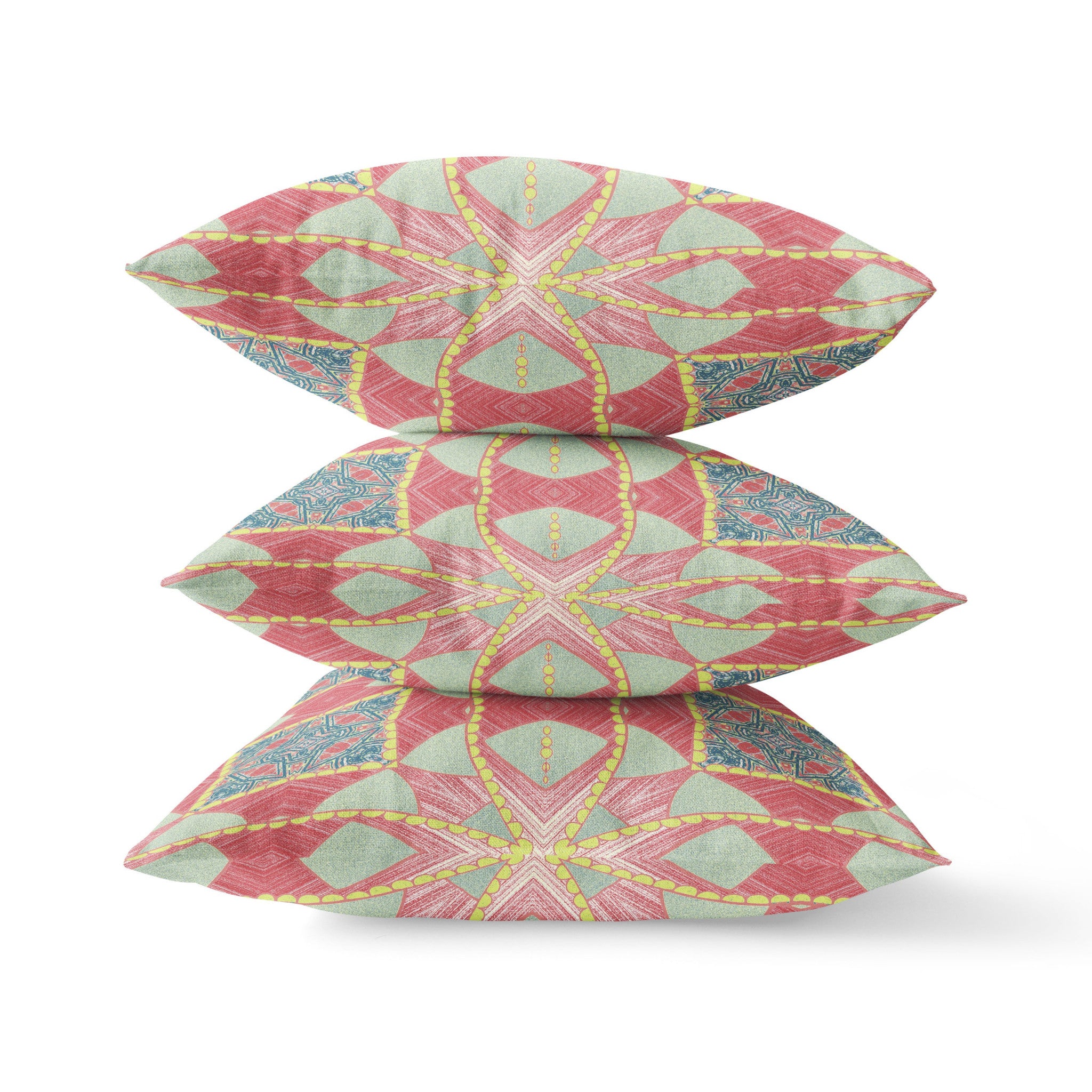 18" X 18" Red And Aqua Blown Seam Geometric Indoor Outdoor Throw Pillow