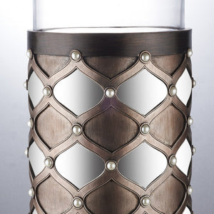 31" Bronze and Silver with Pearls Floor Hurricane Candle Holder