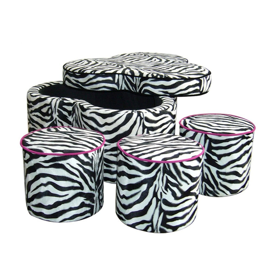 28" Black And White Polyester Blend Specialty Animal Print Storage Ottoman