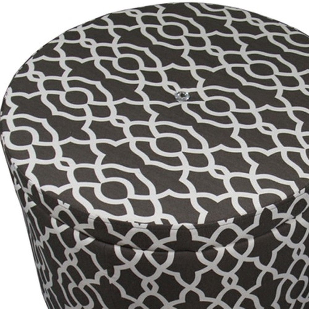 23" Black And White Polyester Blend Round Geometric Footstool Ottoman